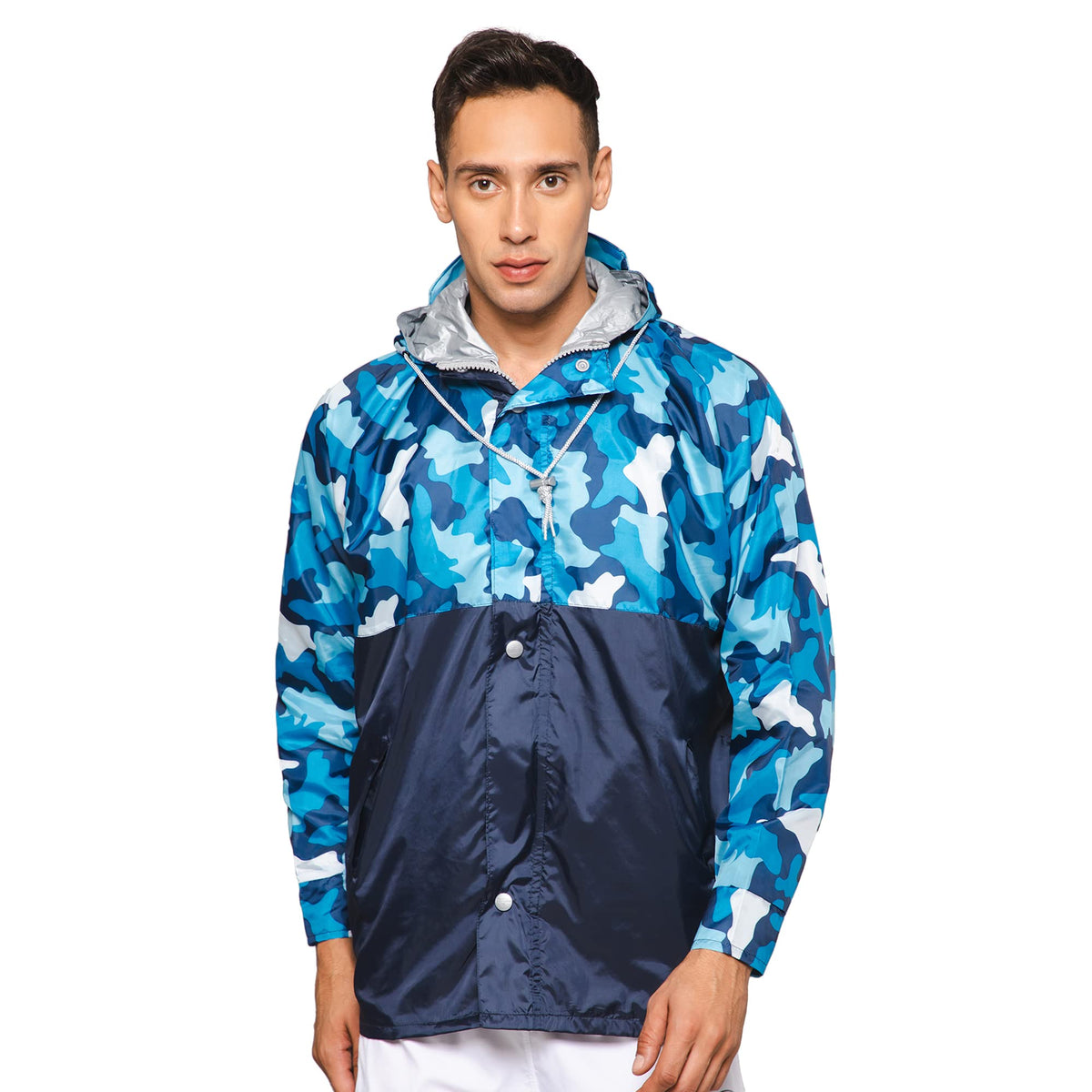THE CLOWNFISH Napoleon Series Men's Waterproof Nylon Double Coating Reversible Rain Jacket Coat with Hood and Reflector Logo at Back. Printed Plastic Pouch with Rope (Blue, Large)