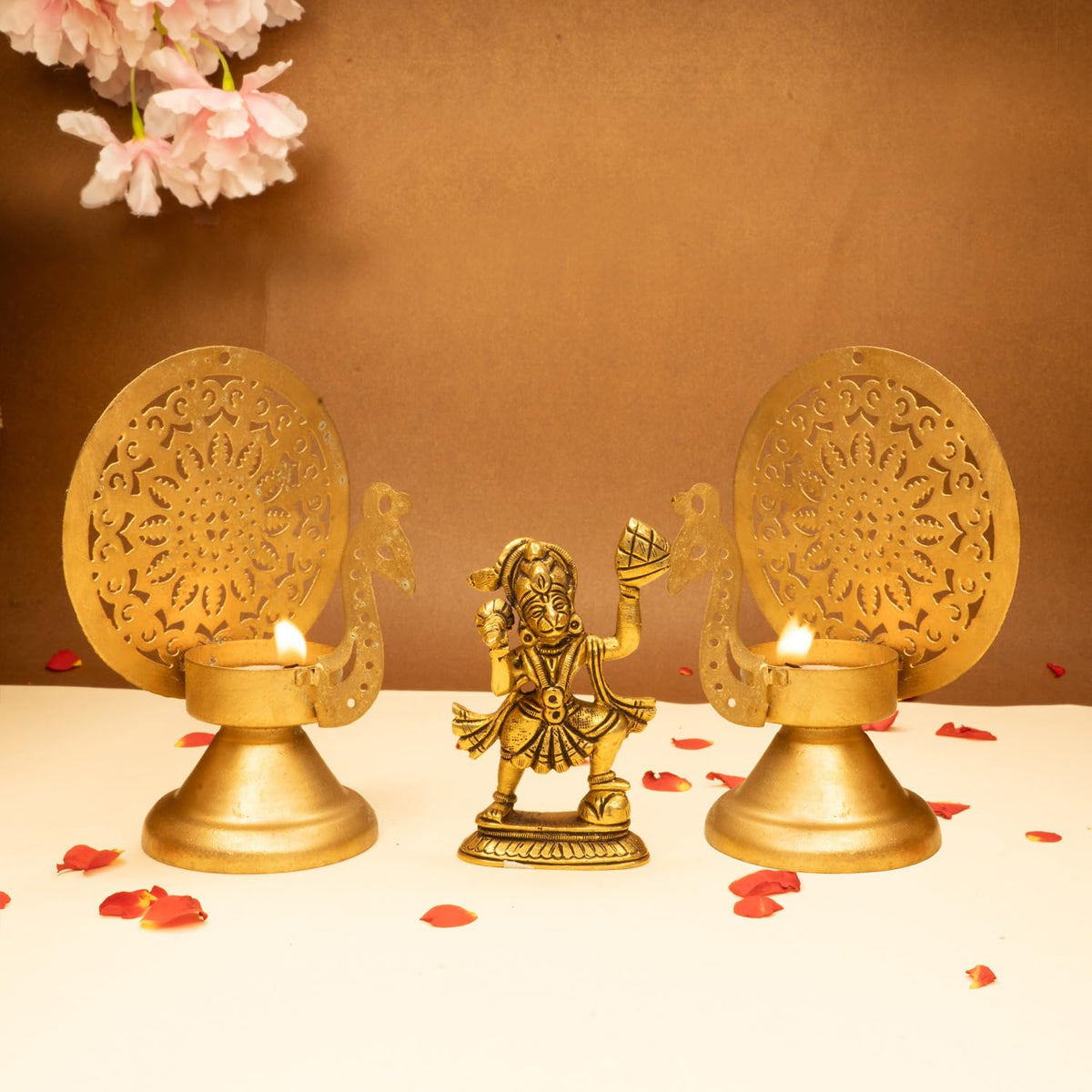 Ekhasa 100% Pure Brass Hanuman Ji Murti & Peacock Tealight Candle Holder for Home Puja (8.4 cm) | Lord Hanuman Idol for Desk, Car & Home Decor | Bajrangbali Murti | Bahubali Hanuman Idol (Combo Set)