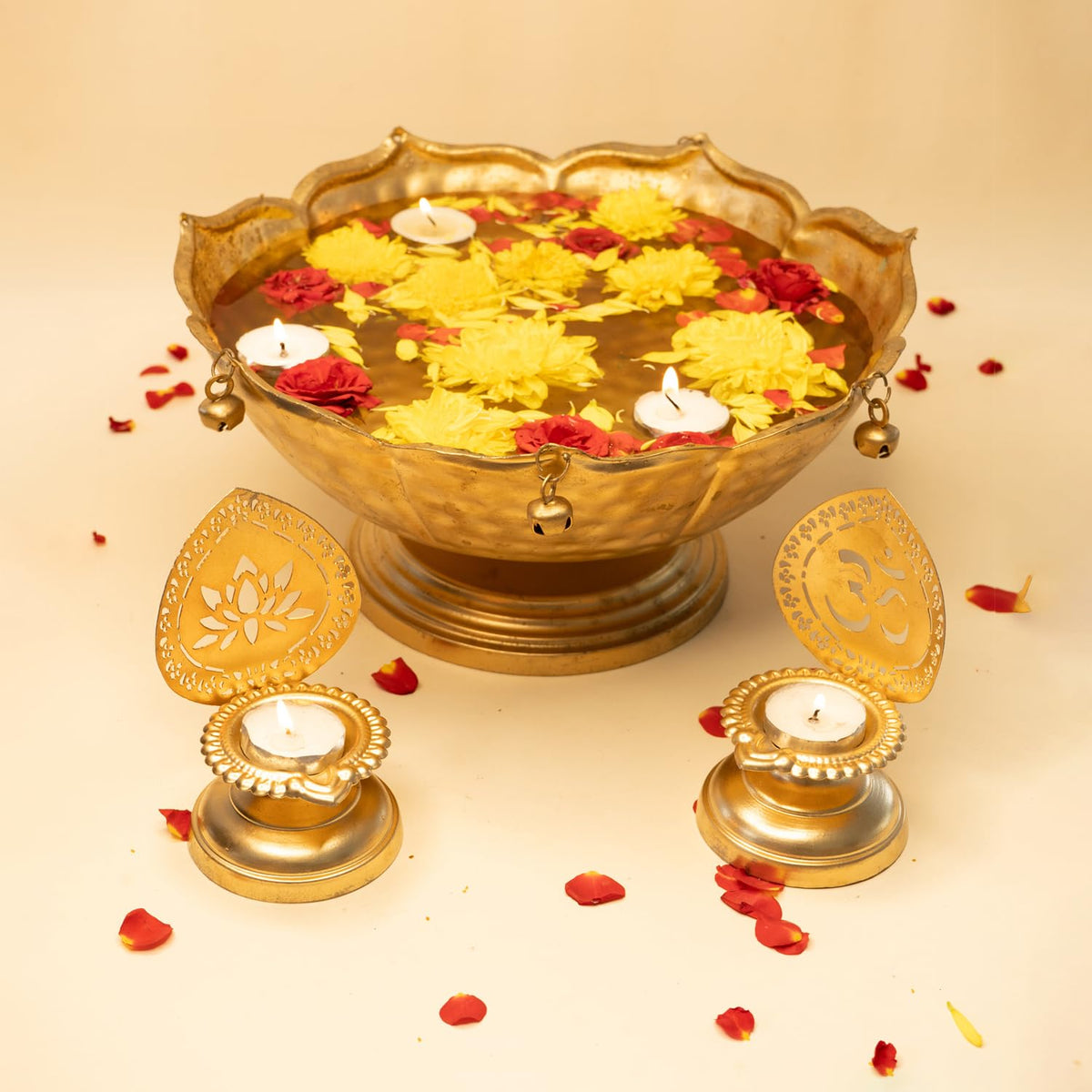 Ekhasa Urli Bowl for Home Decor & Table Decoration | Floating Flowers, Tealight Candles Water Bowl for Diwali Pooja & Festivals | Gift for House Warming Ceremony (Tealight, Urli Combo)