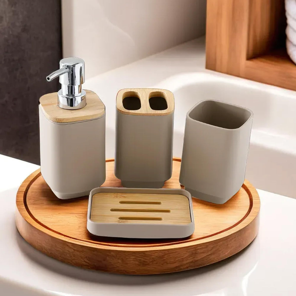 UMAI Bathroom Accessories Set of 4 Pcs | Soap Dispenser for Bathroom(7 * 7 * 17cm) | Toothbrush Holder | Soap Case for Bathroom | Mouth Wash Cup Bathroom Accessories Items