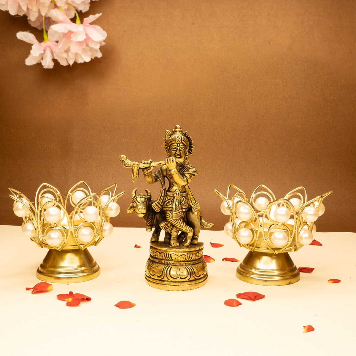 Ekhasa 100% Pure Brass Lord Krishna Idol with Flute & Tealight Candle Holder | Shree Krishna Statue for Home Decor | Kanha Ji ki Murti for Office Desk | Sri Krishna Idols Gift (Combo)