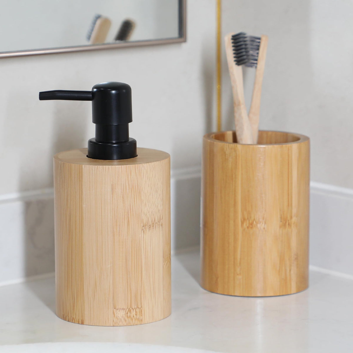 Anko Round Bamboo Soap Dispenser & Tumbler Set- 1 Pc Each | Elegant and Functional Bathroom Accessory | Natural Look| Easy to Clean| Aesthetic Bayhroom Decor 250ml Capacity