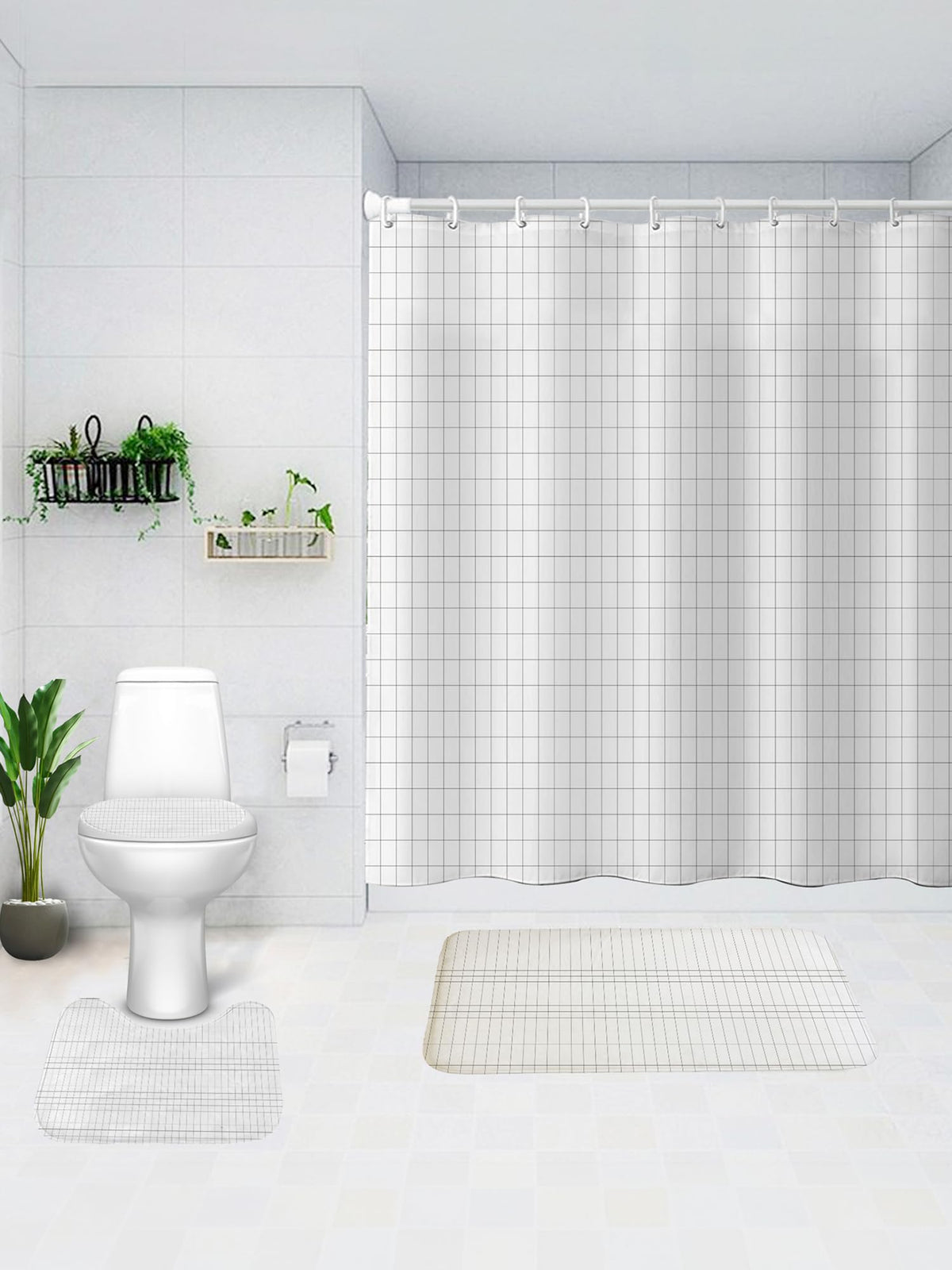 SAVYA HOME Shower Curtain (1) & Bathroom Mat (2) Set, Shower Curtains for Bathroom I, Waterproof Fabric I Anti Skid Mat for Bathroom Floor I White Checks, Pack of 3