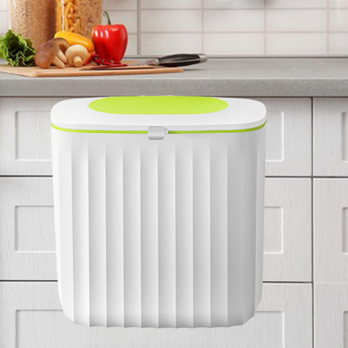 The Better Home 8L Plastic Hanging Dustbin For Kitchen | (25cm) Small Dustbin With Lid | Dustbin For Bathroom | Dustbin For Bedroom | Kitchen Dustbin | White & Green