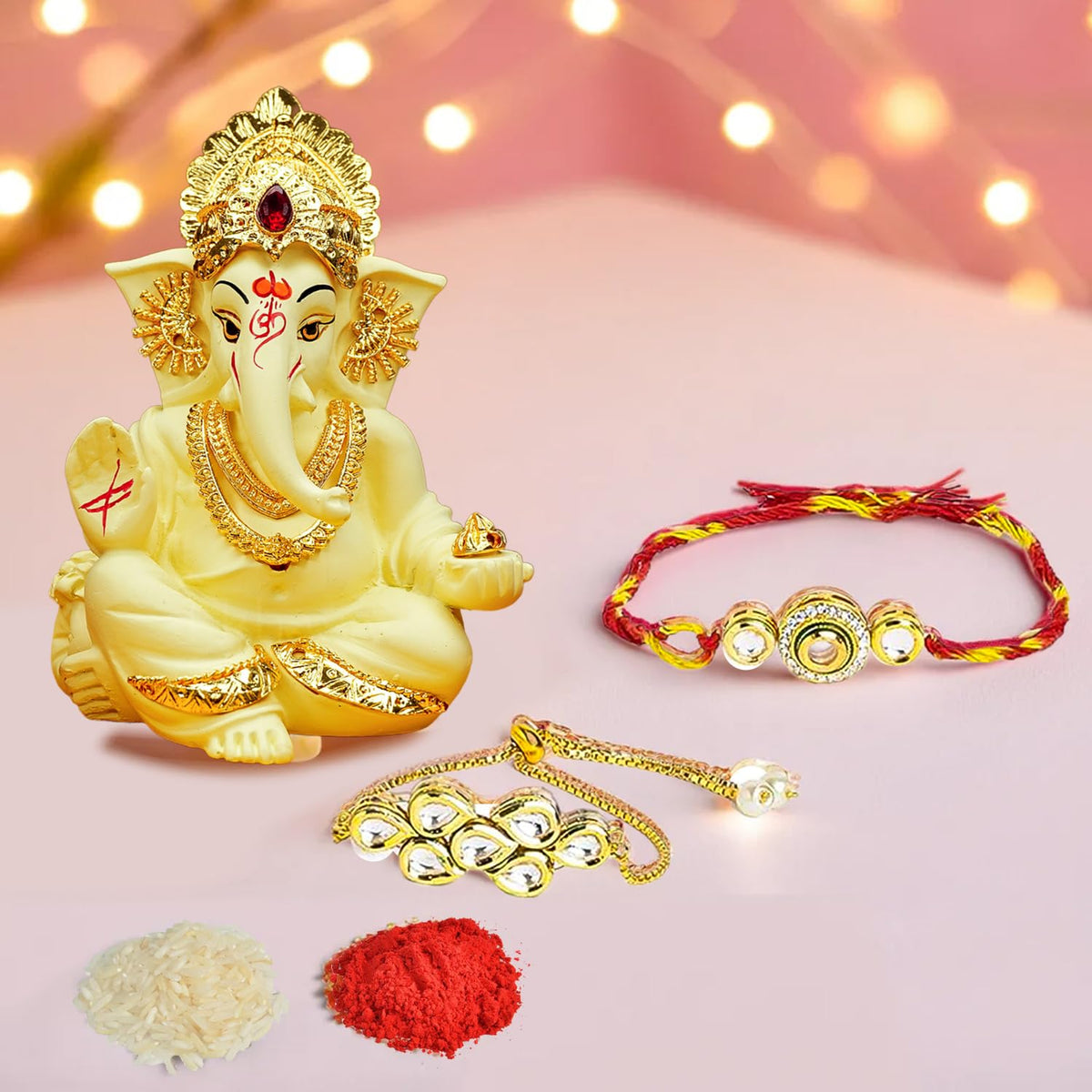 Ekhasa Rakhi Gift Set for Brother | Bhaiya Bhabhi Raakhi with Ganesha Idol Combo | Designer Lumba Rakhis | Raki for Kids Bracelet for Men, Women | Rakshabandhan Rakhee Combo Kit with Roli & Chawal