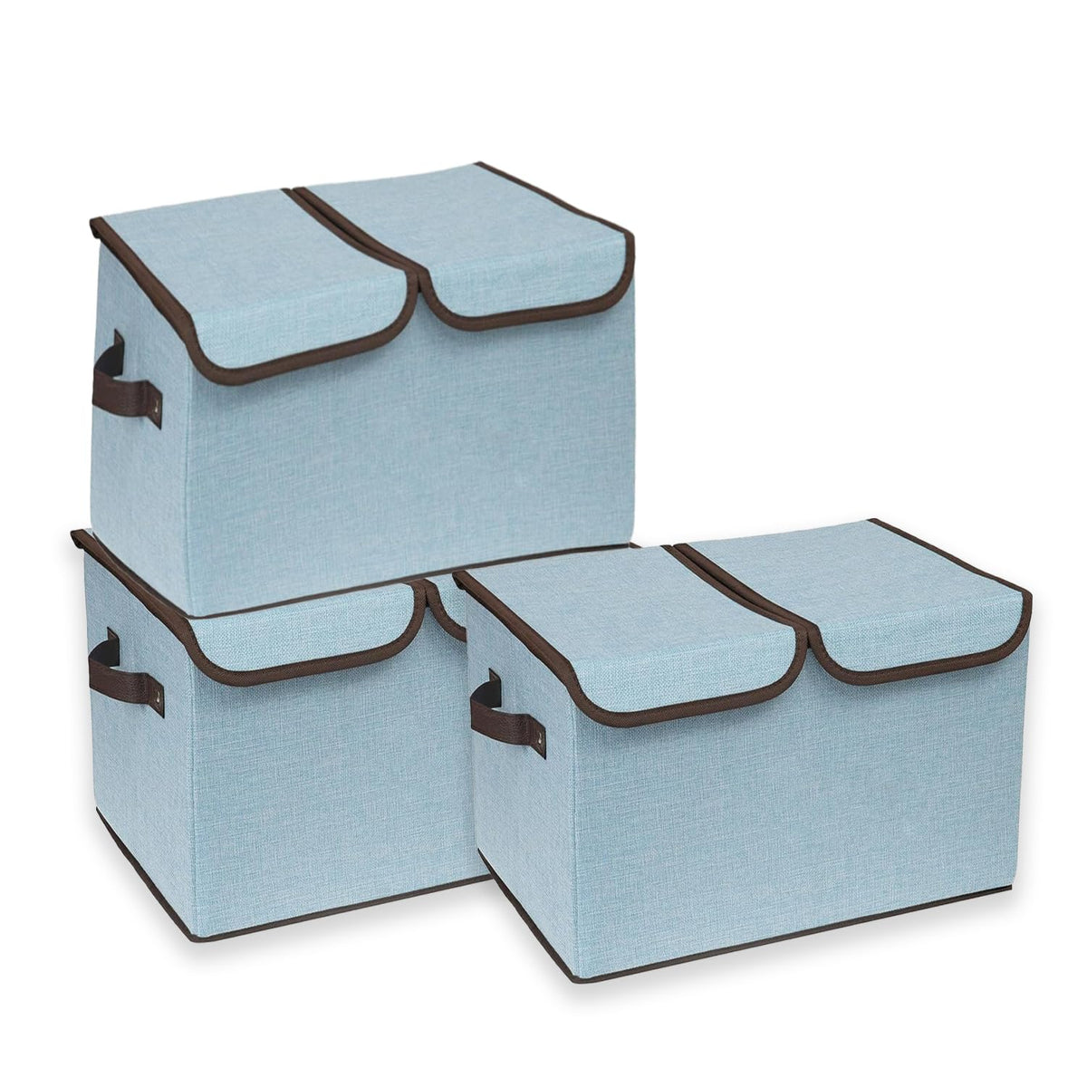 Kuber Industries Double Lid Foldable Storage Box|Toys Storage Bin|Wardrobe Organizer For Clothes|Front Handle & Stackable Pack Of-3 (Blue)