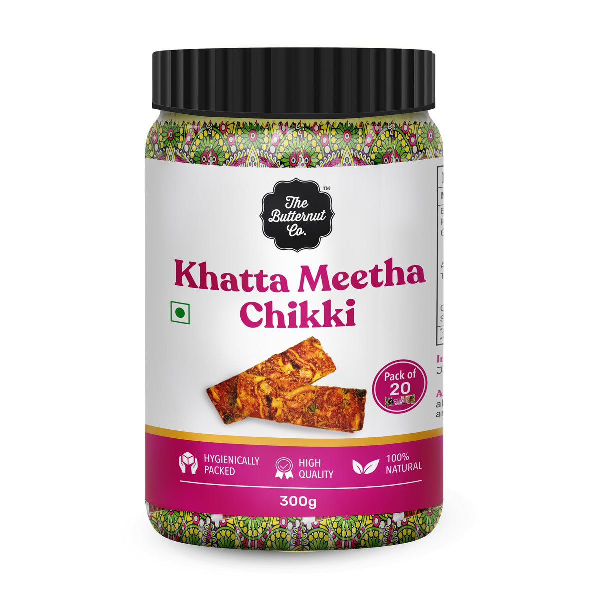 The Butternut Co. Khatta Meetha Chikki, Rich in Protein, Healthy and Crunchy Snacks, Sweet and Tangy Flavour - 300g (15 g x 20 Chikki)