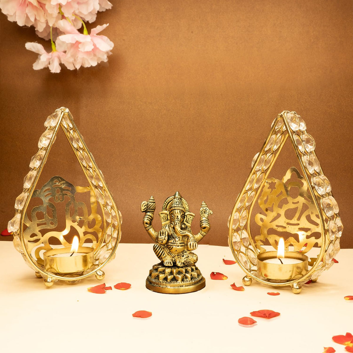 Ekhasa 100% Pure Brass Ganesha Idol & Tealight Candle Holder (Size: 8.4 cm) | Pital Ganesh Murti for Pooja Room, Home Decor, Office Desk, Car Dashboard | Vinayagar Statue for Diwali Puja (Combo Set)