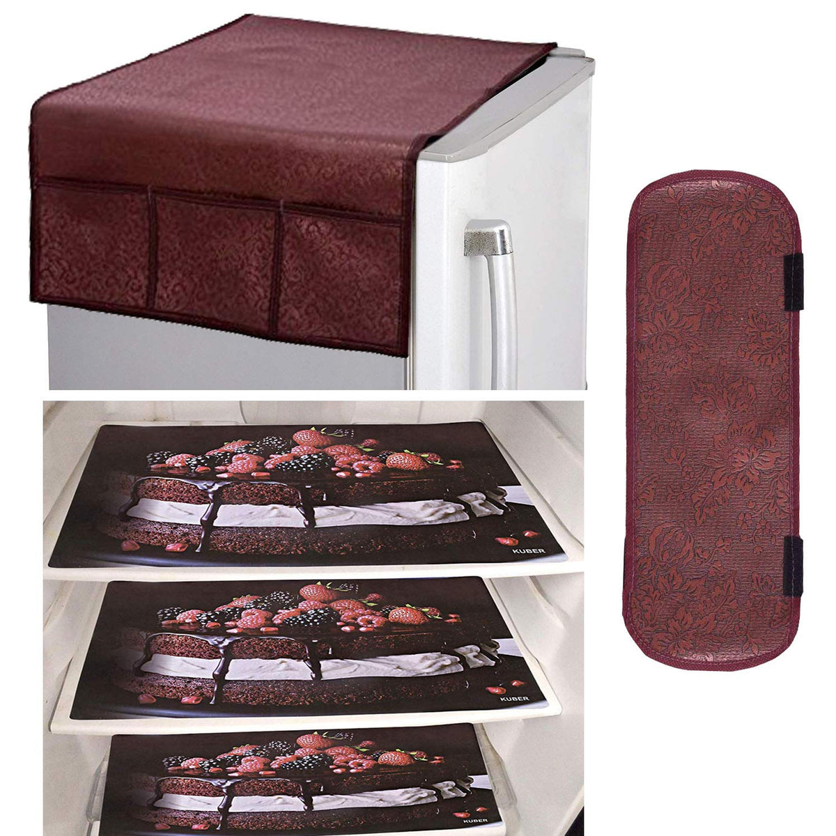 Kuber Industries PVC 3 Pieces Fridge Mats, 1 Piece Handle Cover and 1 Piece Fridge Top Cover (Maroon)-CTKTC14549, Standard