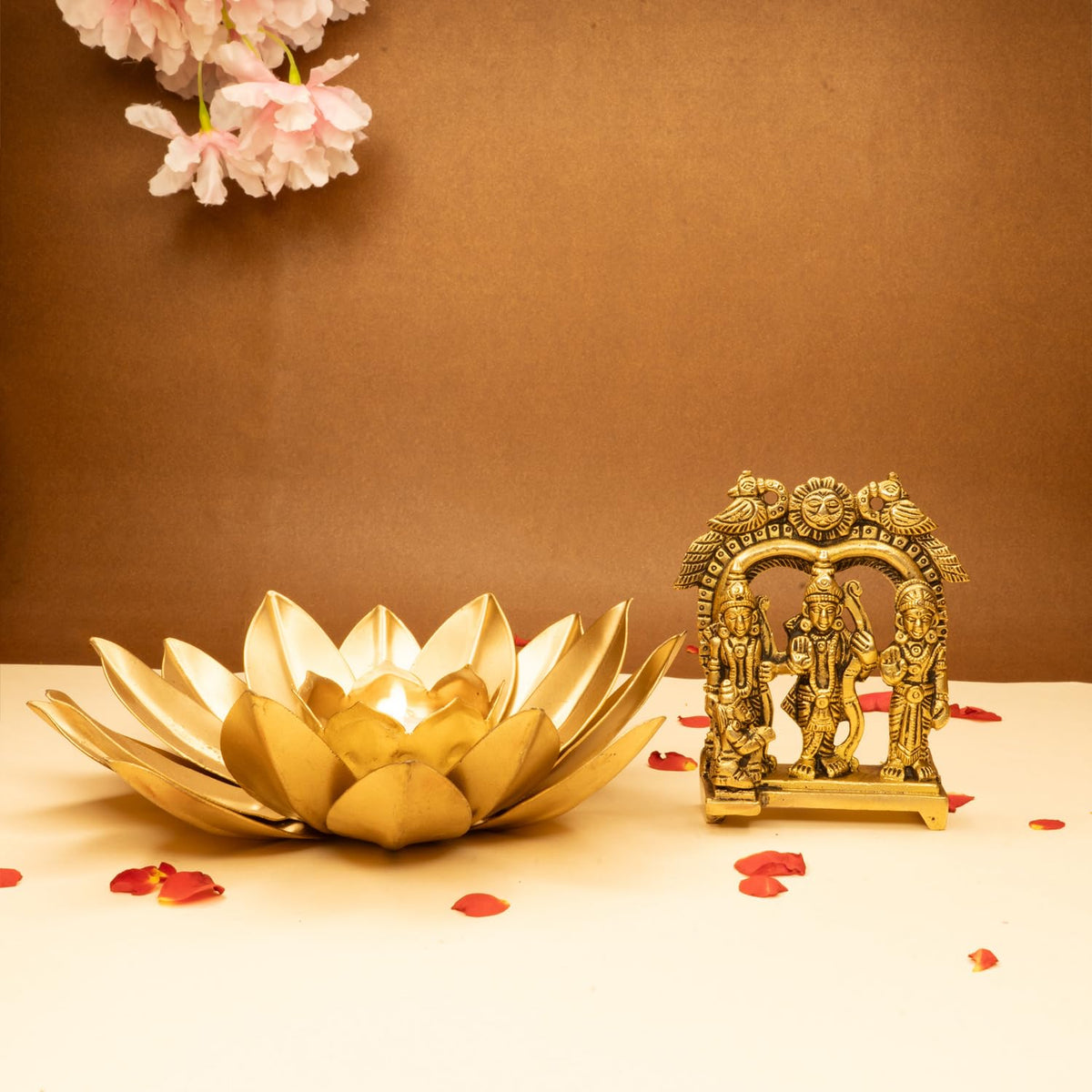 Ekhasa 100% Pure Brass Ram Darbar Murti & Tealight Candle Holder | Rama Darbar Statue for Home Decor, Office Desk | Ram Sita Laxman Hanuman Idol for Puja Room | Shree Ram Parivar (Combo)