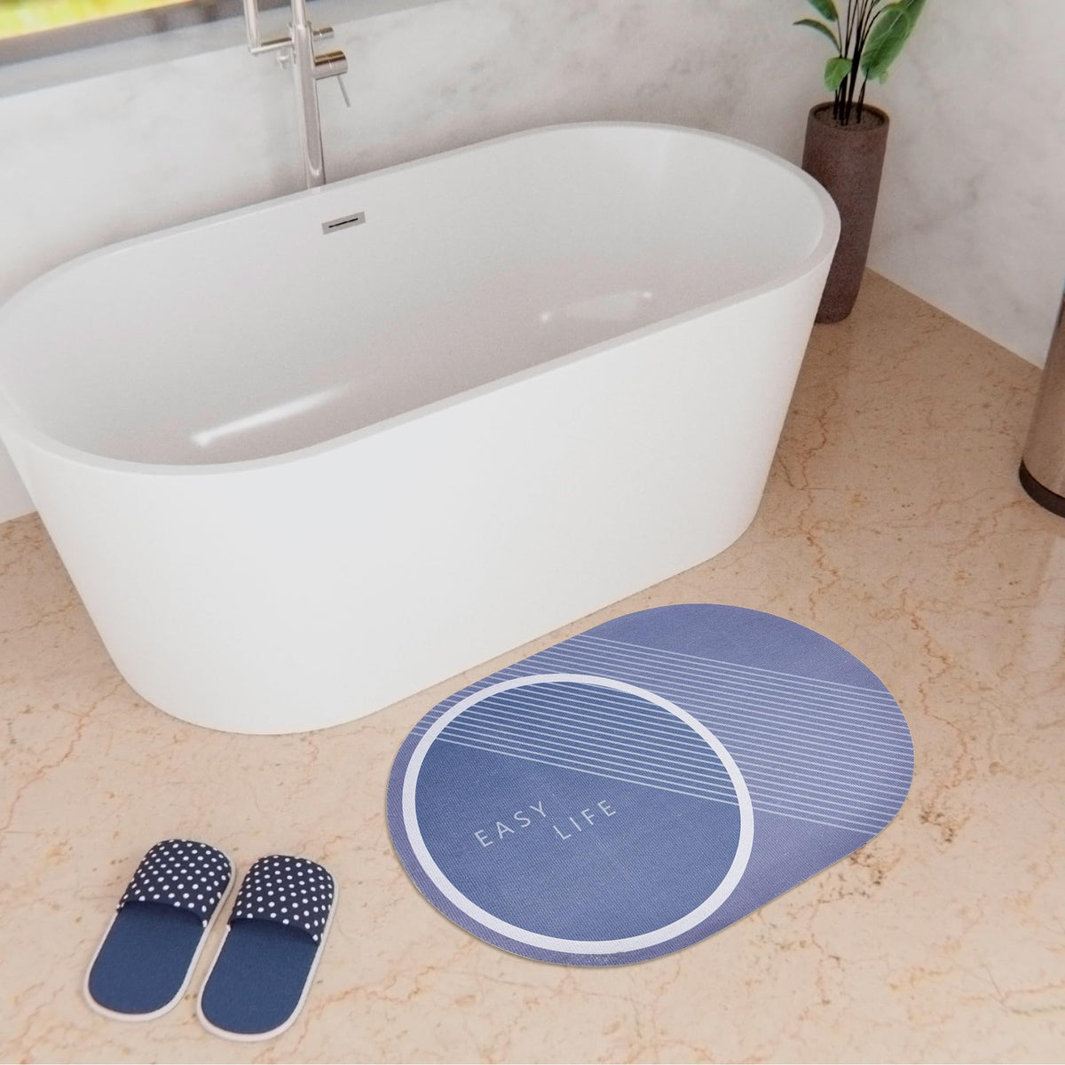 Kuber Industries Easy LIfe Oval Bathmat | Soft Anti Skid Door Mat | Non Woven Floor Mat for Home | Non-Slip Mat for Shower-Bathtub | HY077 | Blue