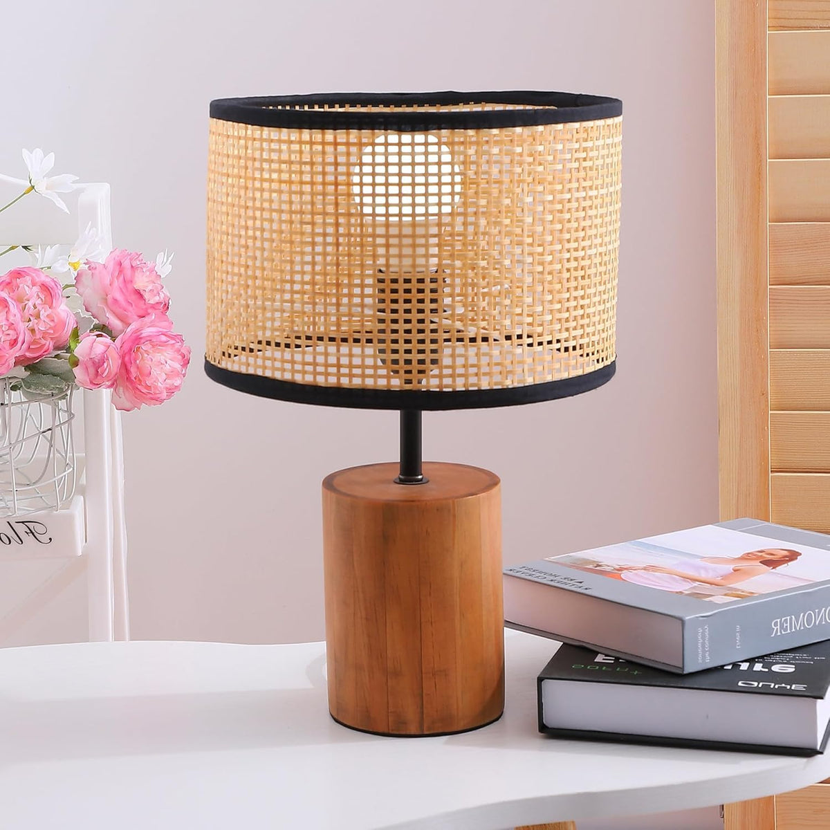 Ekhasa Wooden Bedside Lamp | Table Lamps for Home Decoration with Bamboo Shade | Wooden Base Side Table Lamp for Living Room | Bed Side Lamp | Aesthetic Night Bed Lamps for Bedroom