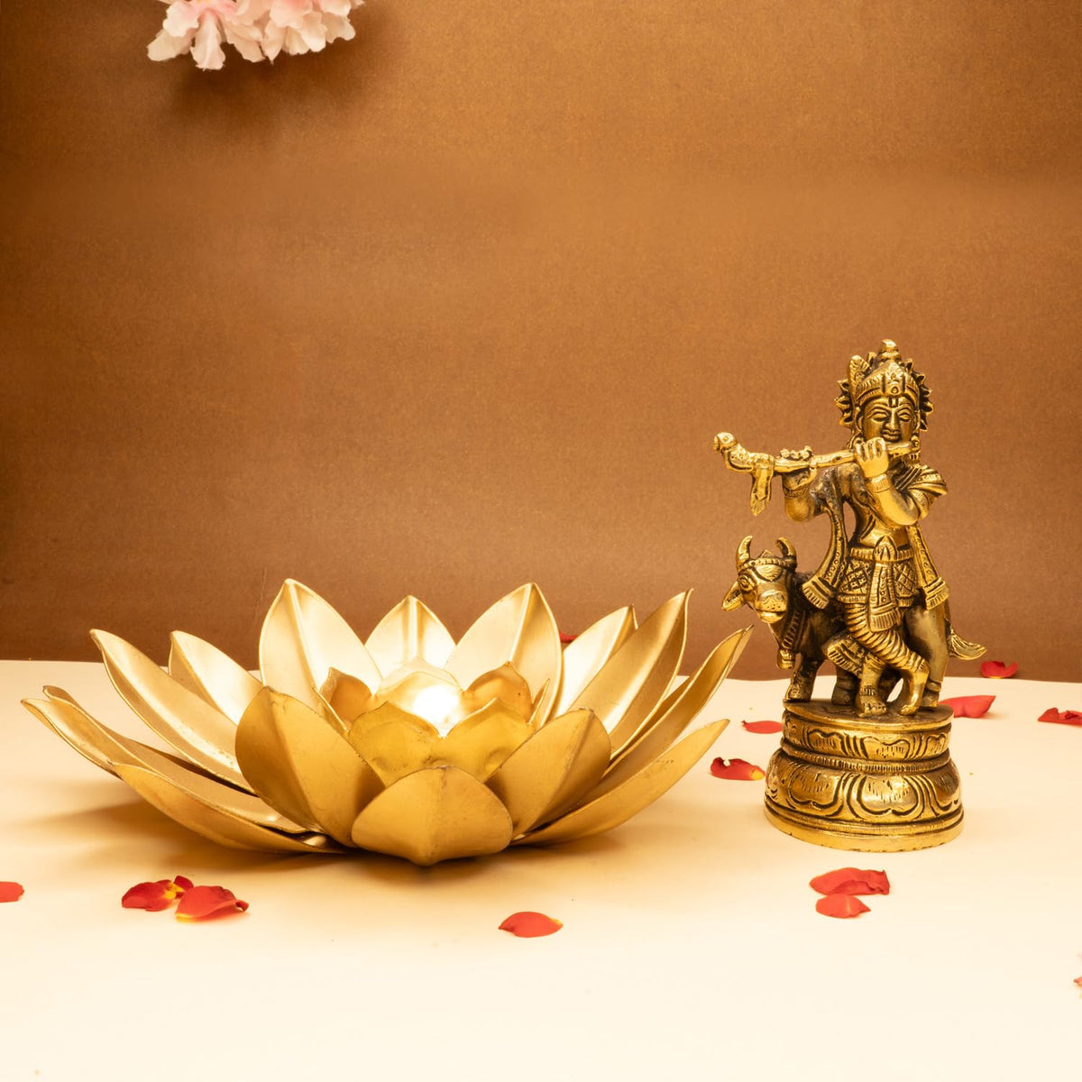 Ekhasa 100% Pure Brass Lord Krishna Idol with Flute & Tealight Candle Holder | Shree Krishna Statue for Home Decor | Kanha Ji ki Murti for Office Desk | Sri Krishna Idols Gift (Combo)