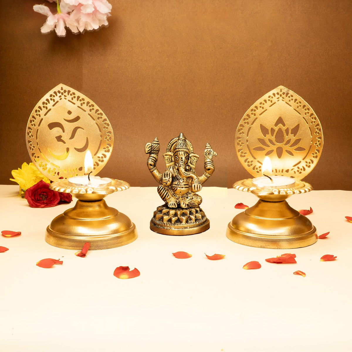 Ekhasa 100% Pure Brass Ganesha Idol & Tealight Candle Holder (Size: 8.4 cm) | Pital Ganesh Murti for Pooja Room, Home Decor, Office Desk, Car Dashboard | Vinayagar Statue for Diwali Puja (Combo Set)