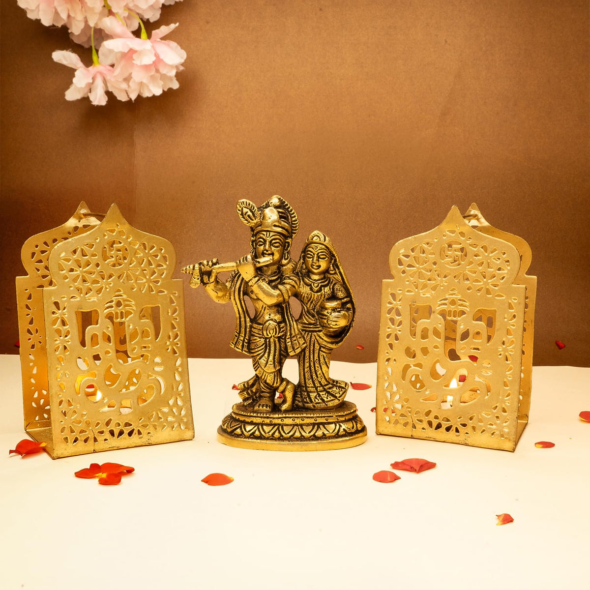 Ekhasa 100% Pure Brass Radha Krishna Murti & Ganesh Tealight Candle Holder (12.8cm) | Radha Krishna Statue | Radha Krishna Idol for Gift | Radhe Krishna ki Murti for Pooja Room, Home Decor (Combo Set)