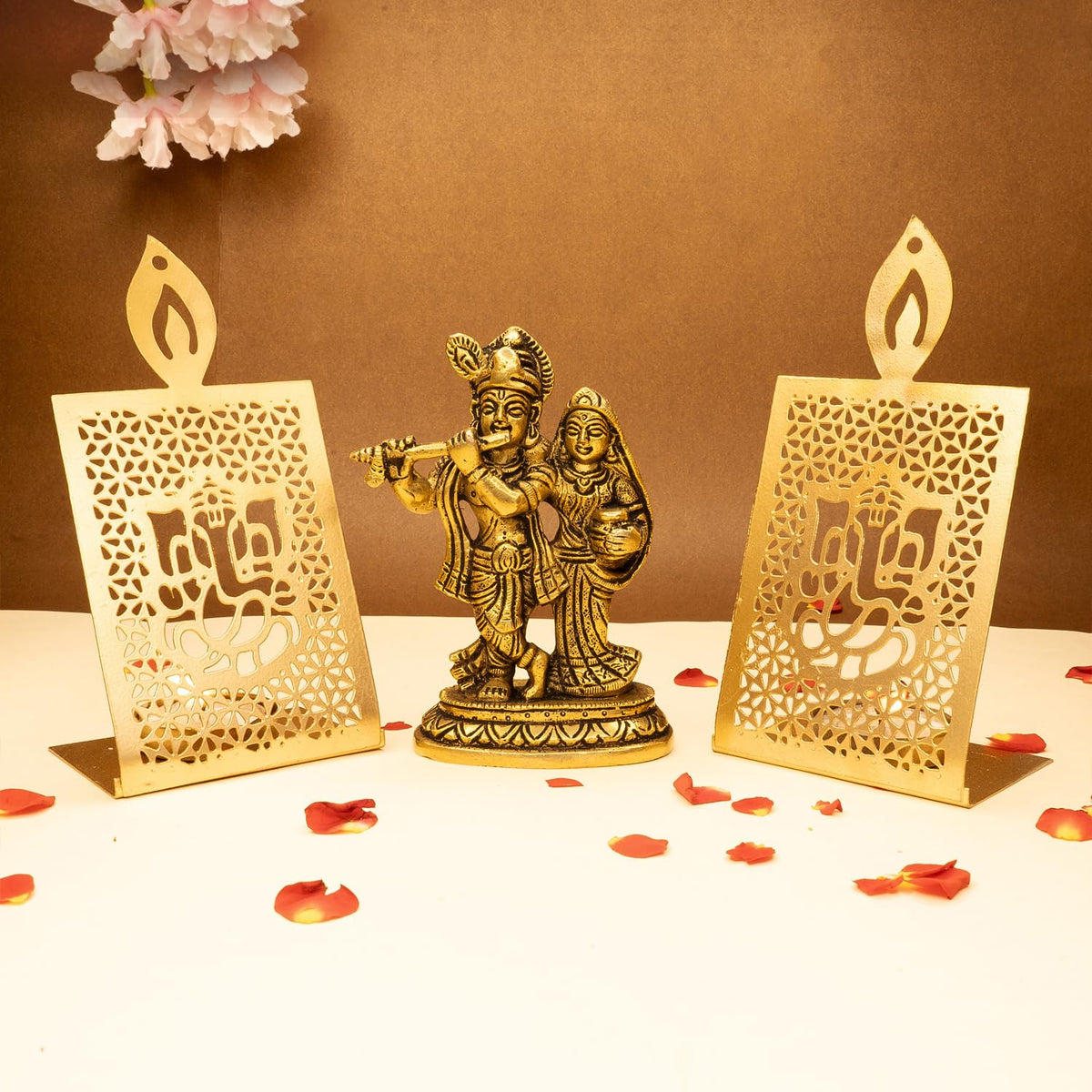 Ekhasa 100% Pure Brass Radha Krishna Murti & Tealight Candle Holder | Radha Krishna Statue | Radha Krishna Idol for Gift | Radhe Krishna ki Murti for Pooja Room, Home Decor (Combo Set)