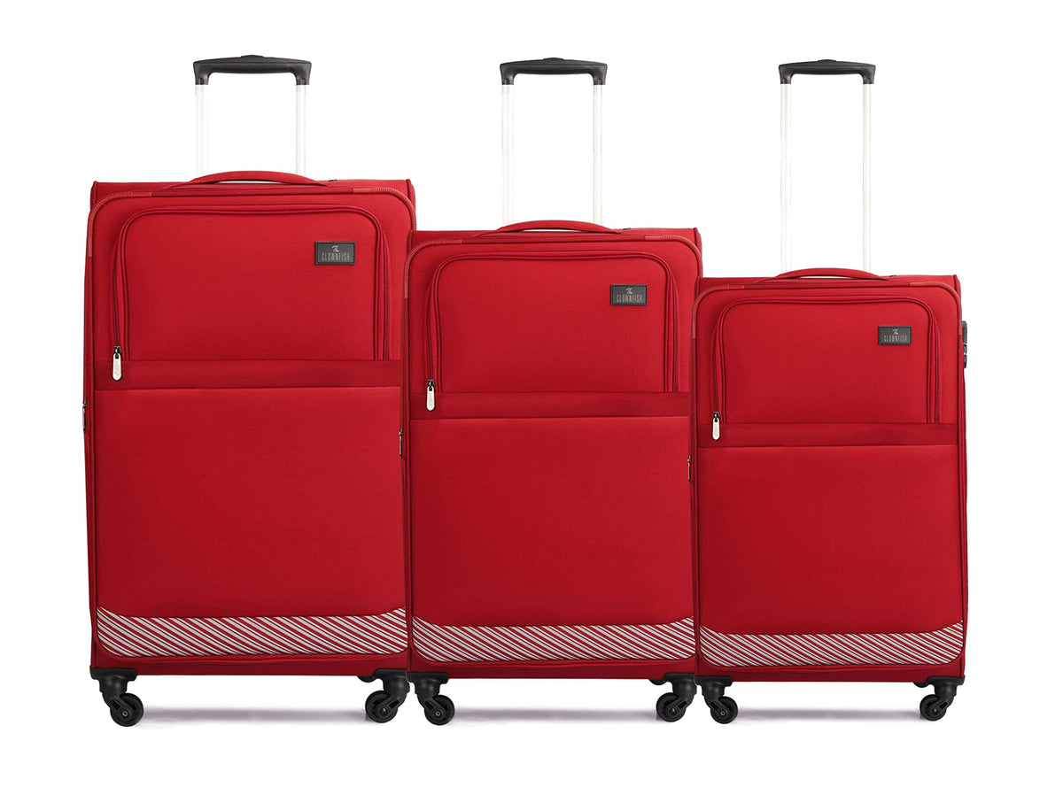THE CLOWNFISH Combo of 3 Sydney Luggage Polyester Soft Case Suitcases Varied Sizes Four Wheel Trolley Bags - Red (56 cm, 67 cm, 78 cm)