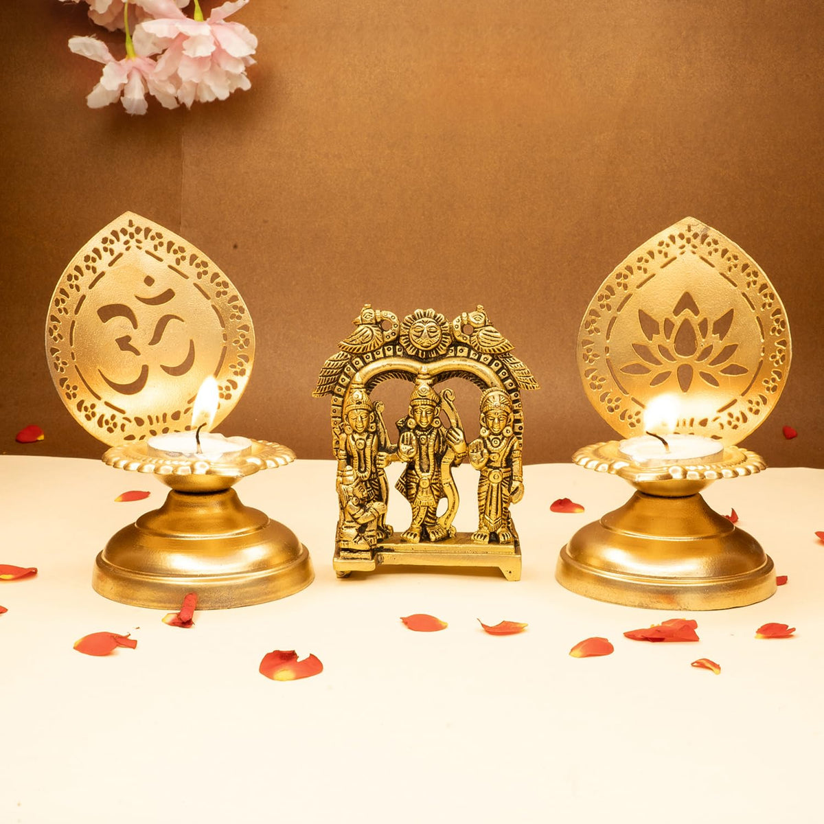 Ekhasa 100% Pure Brass Ram Darbar Murti & Tealight Candle Holder | Rama Darbar Statue for Home Decor, Office Desk | Ram Sita Laxman Hanuman Idol for Puja Room | Shree Ram Parivar (Combo)