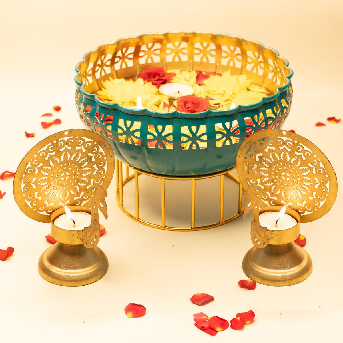 Ekhasa Green Urli Bowl with Stand and Peacock Tealight Holder for Home Decor & Table Decoration | Floating Flowers, Tealight Candles Water Bowl for Diwali Pooja & Festivals | (Tealight, Urli Combo)