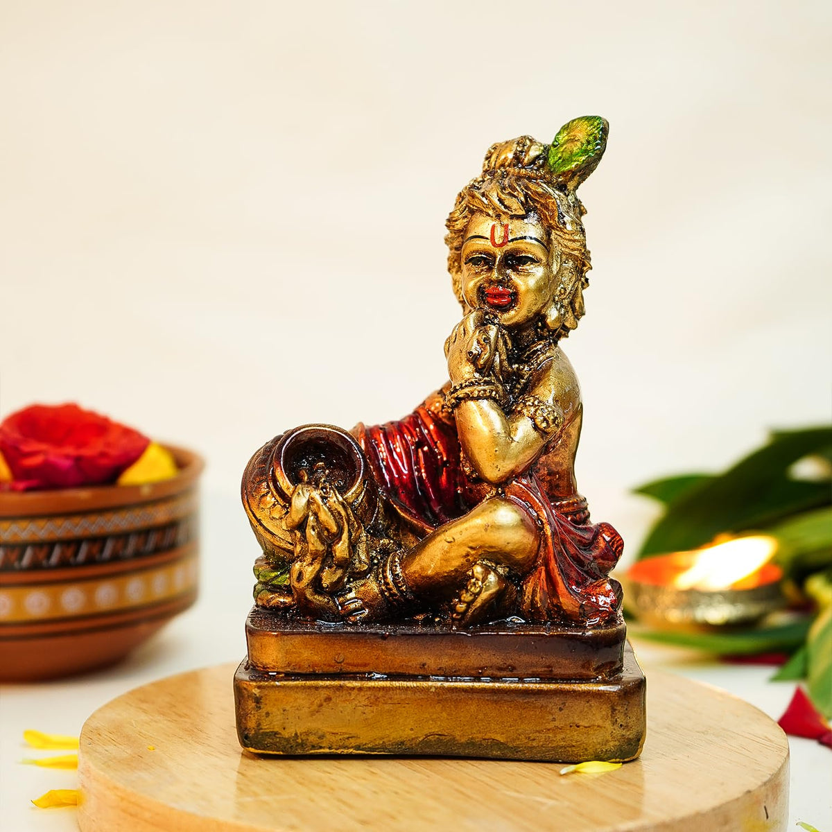 Ekhasa Aura Series Antique Gold Painted Bal Gopal Murti (5 inch) | Marble Dust Laddu Gopal Murti for Puja | Resin Baby Krishna Idol for Home | Bal Krishna Idol | Sri Krishna Idols | Makan Chor Idol