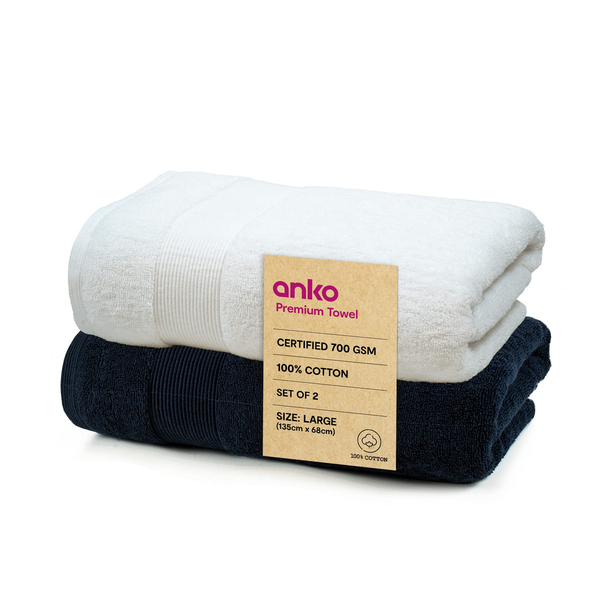 Anko Australia 100% Cotton 700 GSM Large Plush Bath Towel | Set of 2 | Super-Soft, Absorbent, Quick-Drying | Navy Blue & White Towel for Men, Women & Kids | 135x68 cm |Travel, Gym, Spa Towel