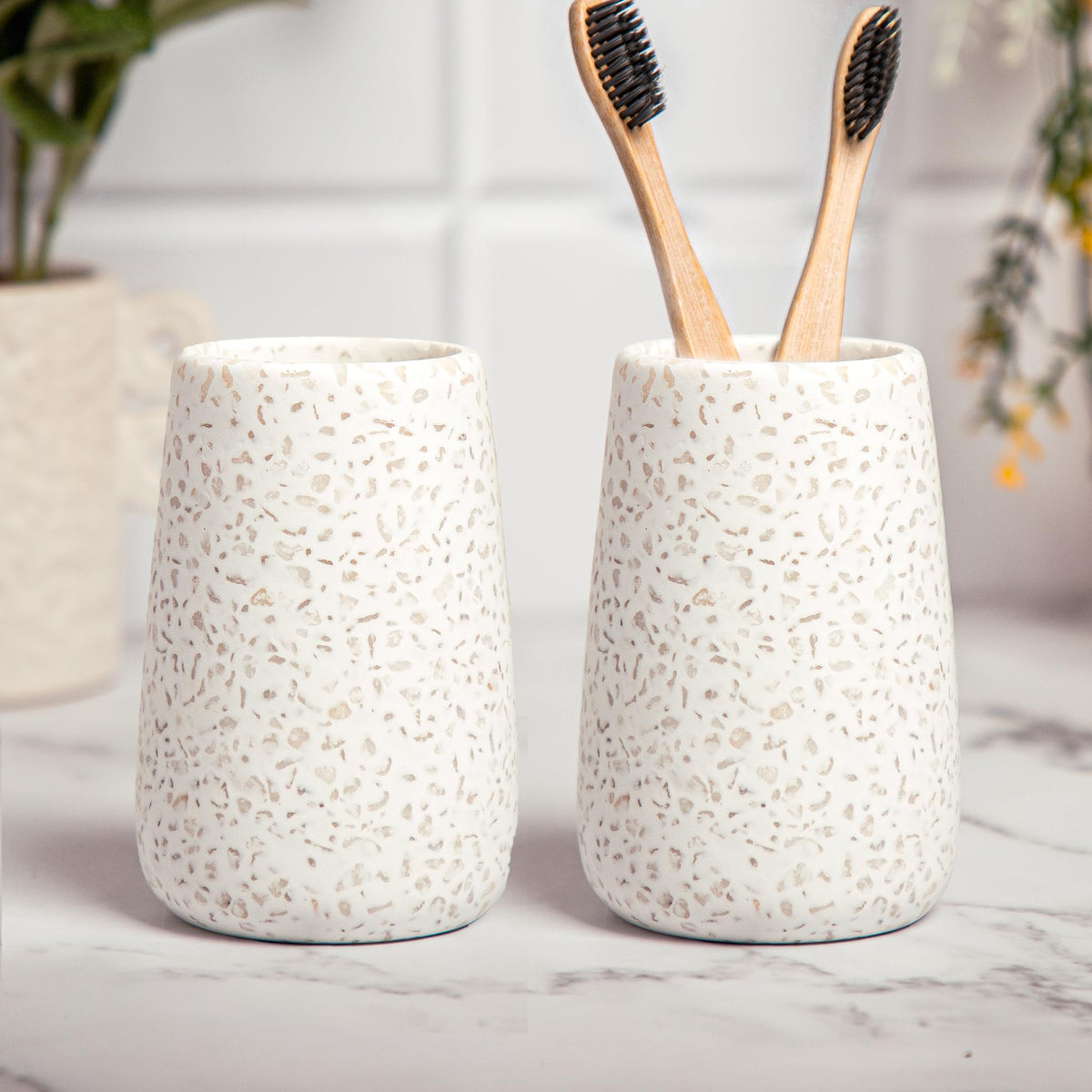 Anko Ceramic Toothbrush Holder for Bathroom | Toothpaste, Makeup Brush Holder for Bathroom | Bathroom Accessories for Wash Basin | Home, Office, Bathroom Organiser | White, Terrazzo | Set of 2