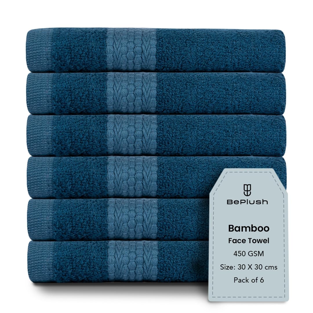 BePlush 450 GSM Bamboo Face Towel Set of 6 | Ultra Soft, Absorbent, & Quick Dry Towels for Gym, Travel | Suitable for Sensitive Skin, Anti Bacterial Napkins for Face | 30*30 Cms (6, Aqua Marine Blue)