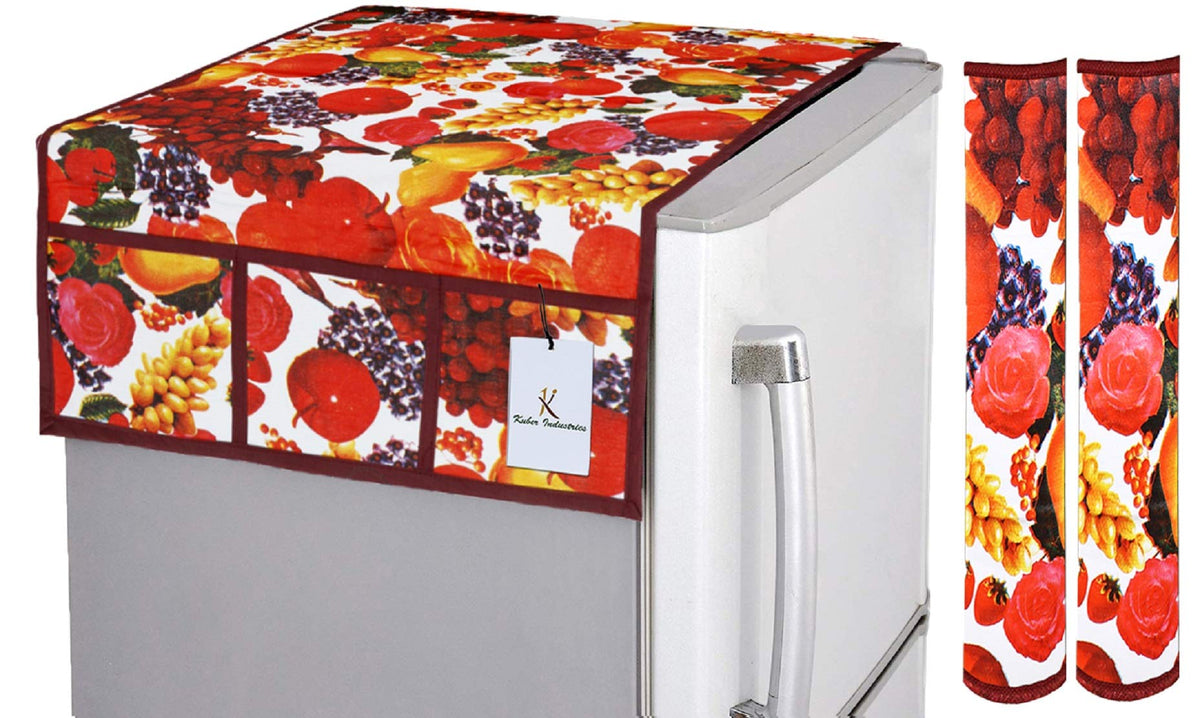 Heart Home Fruits Design PVC 1 Piece Fridge Top Cover and 2 Piece Handle Cover (Red & White) CTHH5459,Standard