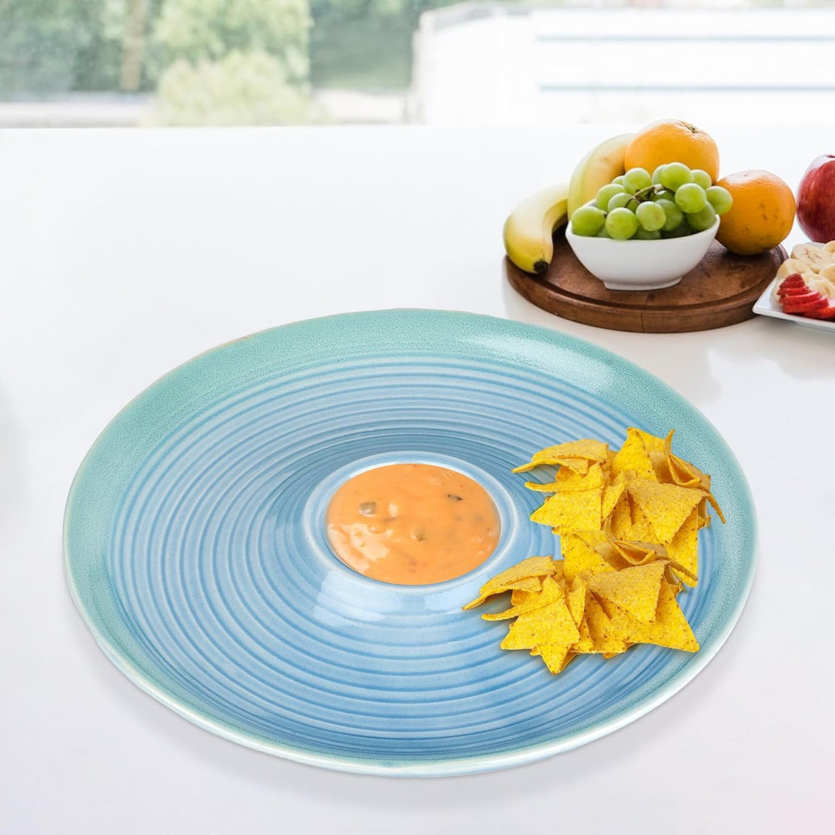 Ekhasa Ceramic Serving Chip and Dip Platter | Snacks Plates | Designer Appetizer Serve Ware Platters | French Fries, Pasta, Chips, Momos Plate with Chutney Bowl (Round, Blue, 10 inch)