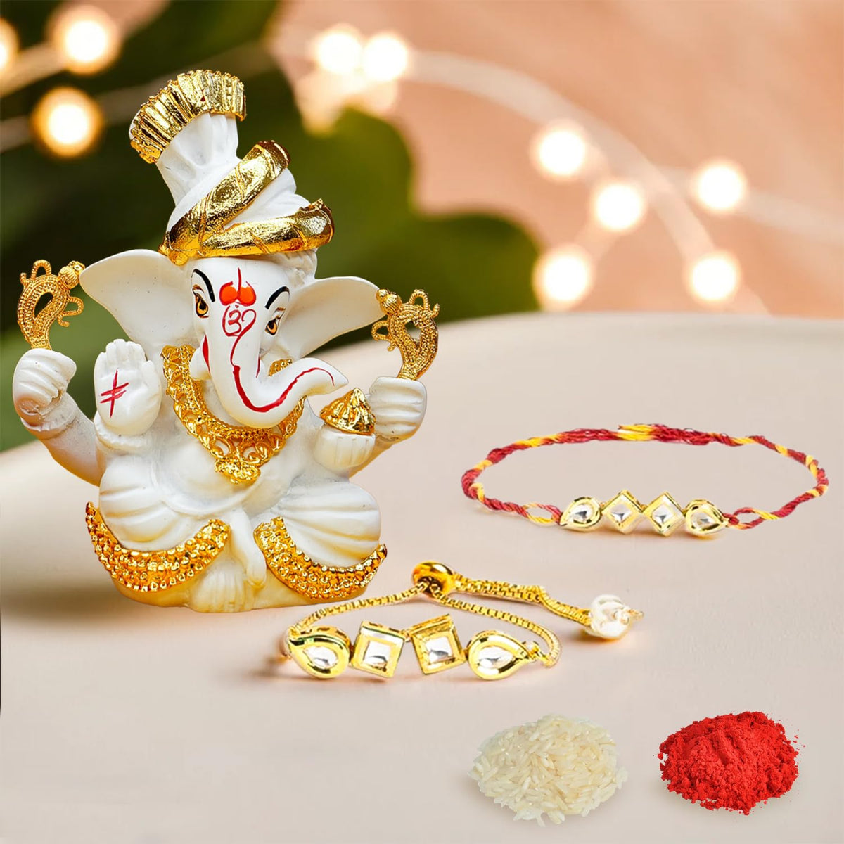 Ekhasa Rakhi Gift Set for Brother | Bhaiya Bhabhi Raakhi with Ganesha Idol Combo | Designer Lumba Rakhis | Raki for Kids Bracelet for Men, Women | Rakshabandhan Rakhee Combo Kit with Roli & Chawal