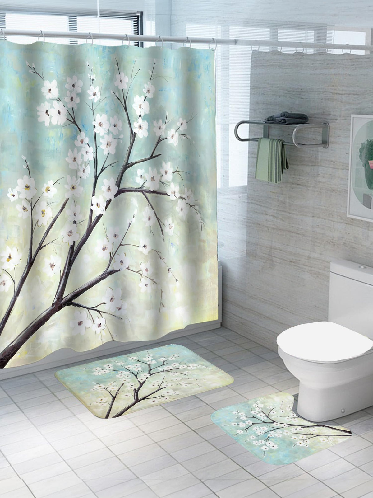 SAVYA HOME Shower Modern Opaque Curtain (1)&Bathroom Mat (2) Set,Shower Modern Curtains For Bathroom I,Waterproof Fabric I Anti Skid Mat For Bathroom Floor I Dogwood Blossoms,Pack Of 3,Multicolor