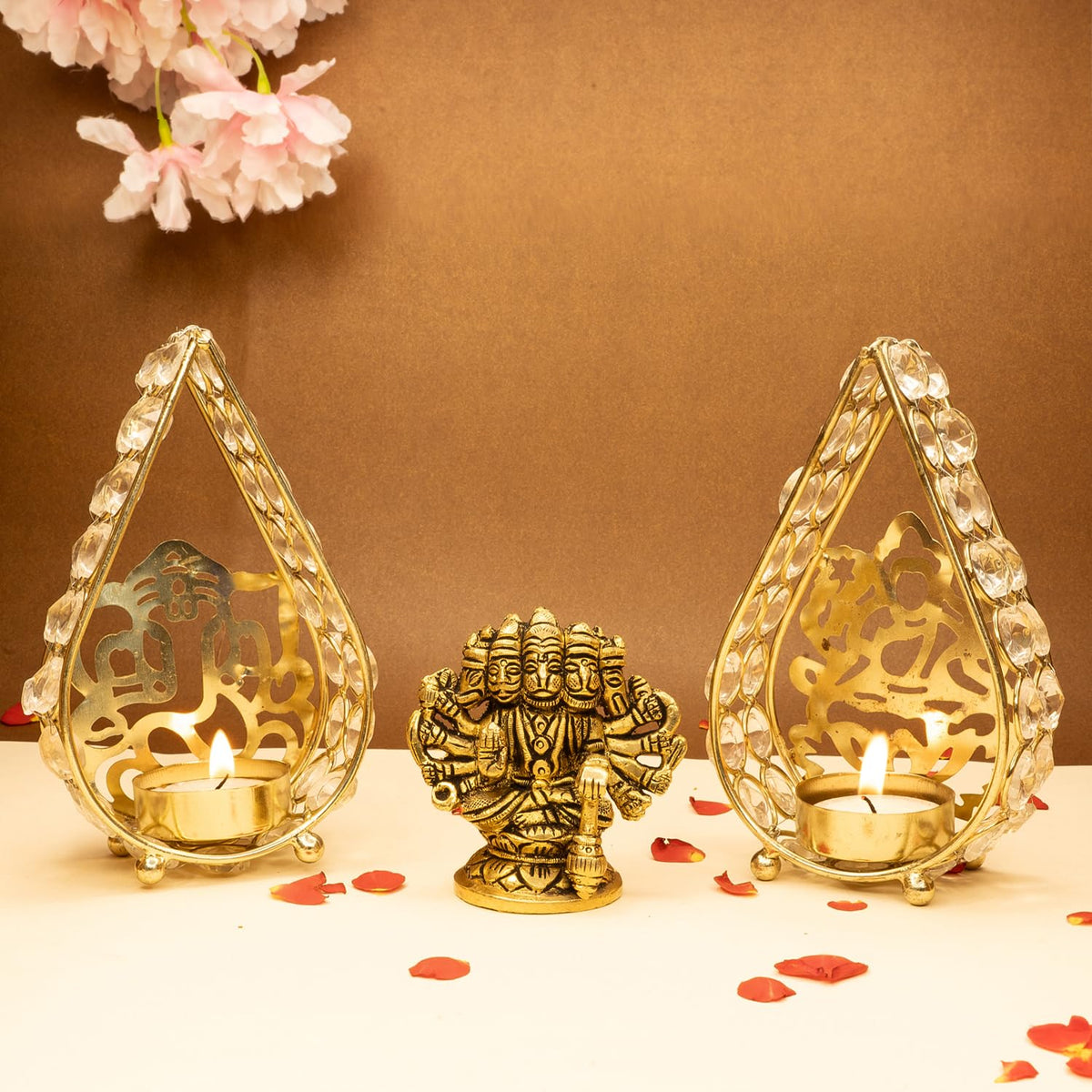 Ekhasa 100% Pure Brass Panchmukhi Hanuman & Tealight Candle Holder (8.4 cm) | 5 Face Hanuman Murti for Door Entrance | Panch Mukhi Hanuman Ji for Car Dashboard | Vastu Protection from Evil Eye (Combo)