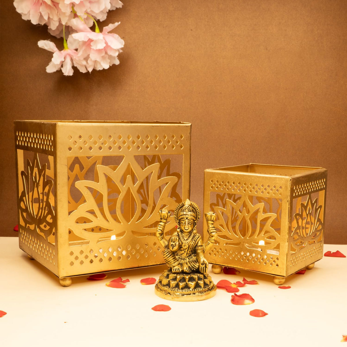 Ekhasa 100% Pure Brass Lakshmi Devi Idol & Ganesh Tealight Candle Holder (8.4 CM) | Goddess Laxmi Idol for Pooja Room, Home Decor, Car Dashboard, Office Desk | Varalakshmi Puja Idol for Diwali (Combo)