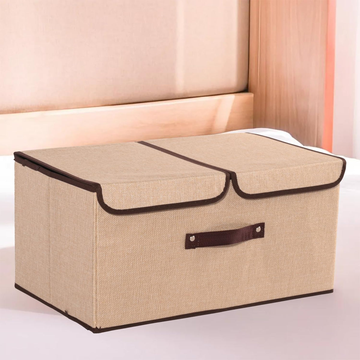 Heart Home Foldable Storage Box | Double Lid Storage Box with Handle | Stackable Storage Box For Clothes-Toys-Books | YJA008-BGE | Beige