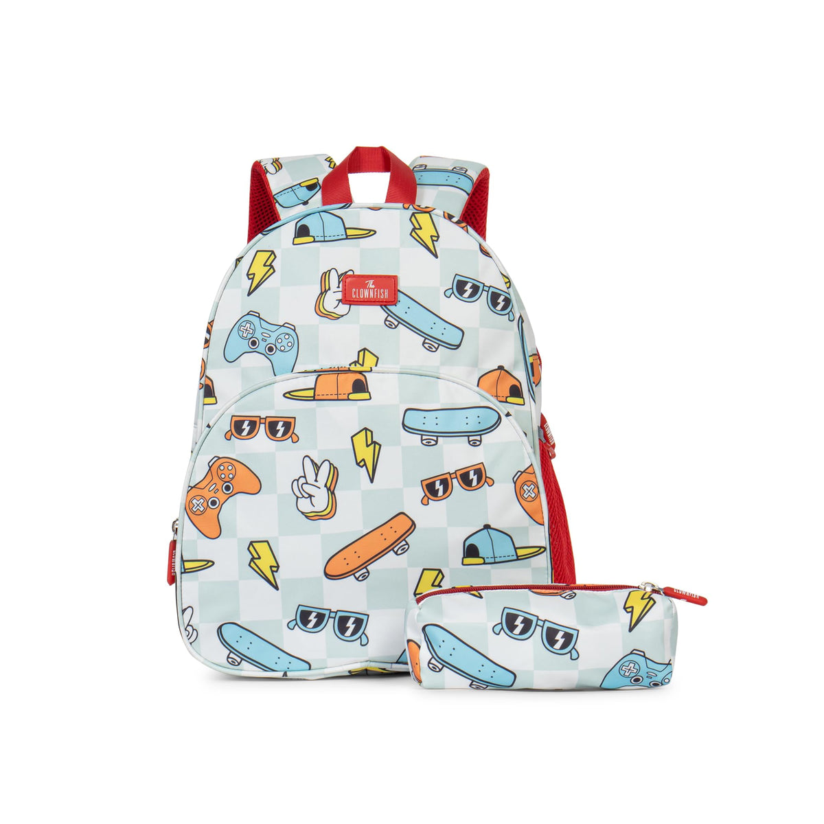 THE CLOWNFISH Cosmic Critters Series Printed Polyester 15 Litres Kids Backpack School Bag with Free Pencil Staionery Pouch Daypack Picnic Bag for Tiny Tots Of Age 5-7 Years (Grey - Cheque)