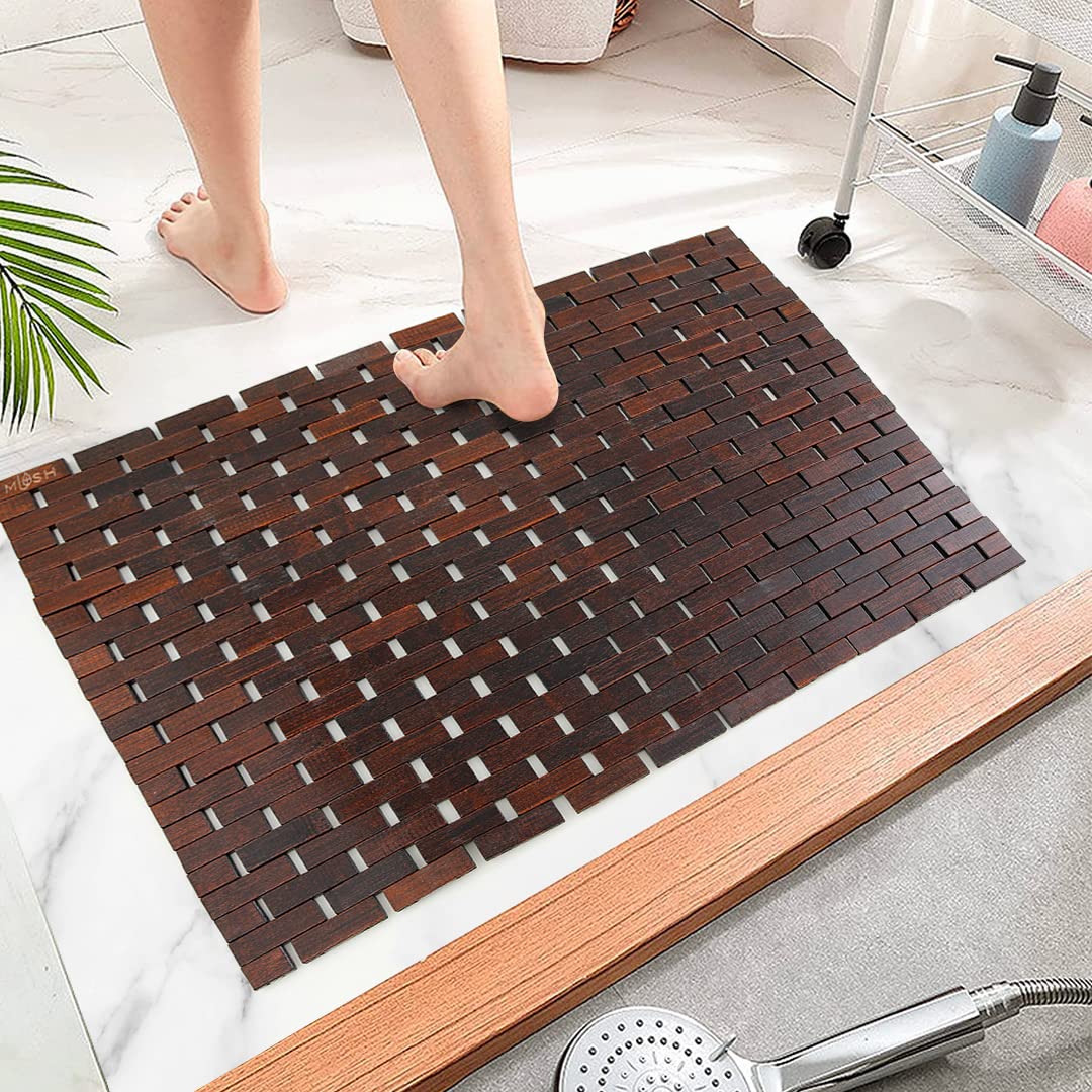 Mush Bamboo Wooden Bath Mat/Door Mat/Floor Mat | Non Slip Quick Drying Mat | Made with Water-Resistant Organic Bamboo Wood with Anti Slip Silicone Pads | Size : 40 * 60 cms | Pack of 1,Dark Brown