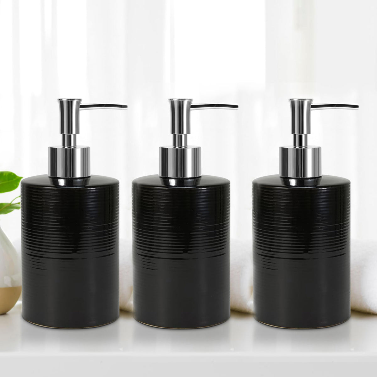 Anko Liquid Soap Dispenser - Pack of 3 | Stoneware | Bathroom Sanitizer, Lotion, Shampoo Dispenser | Ceramic Handwash Bottle for Kitchen | Soap Dispenser for Wash Basin | Black | 350 ml