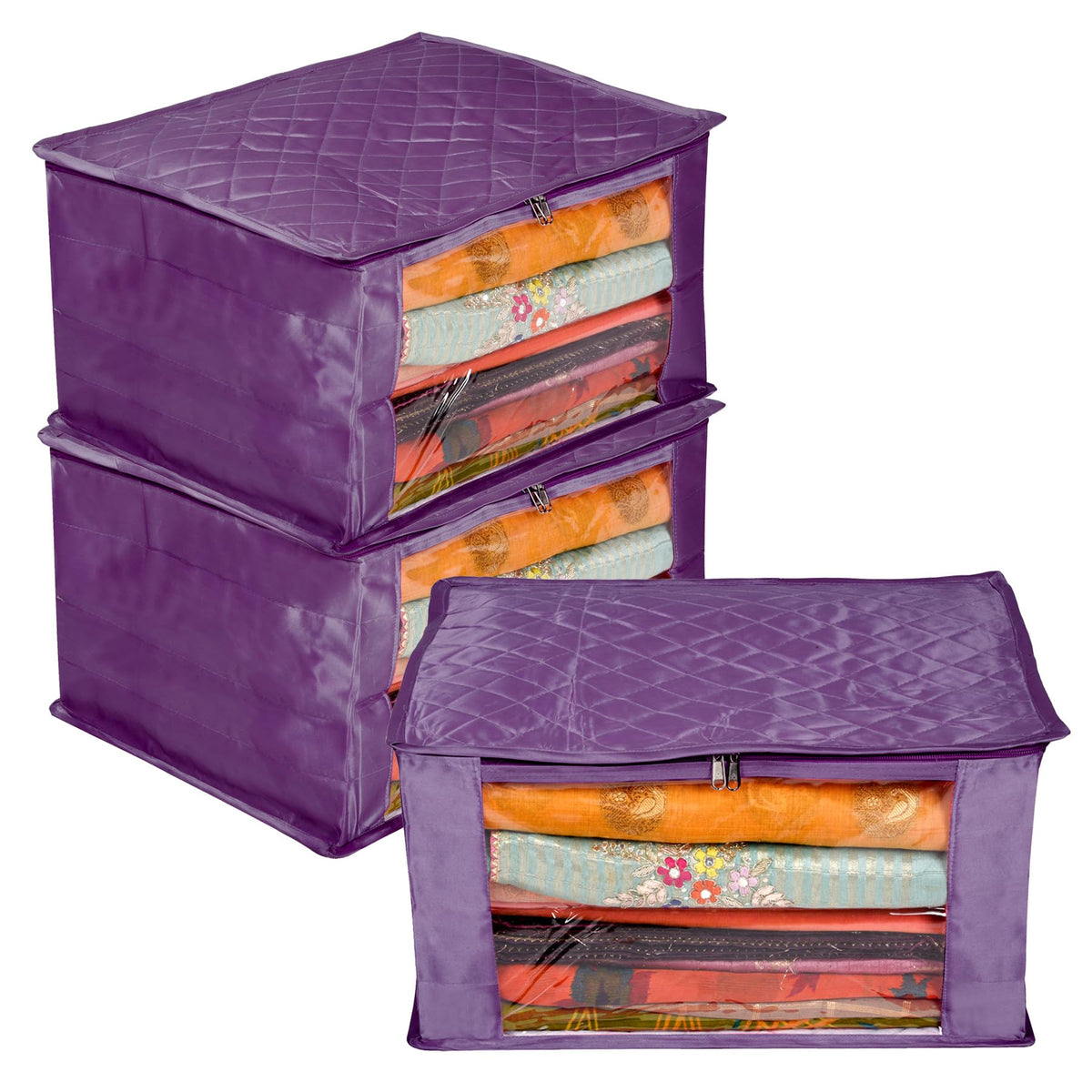 Heart Home Saree Cover | Zip Closure Saree Cover | Clothes Storage Bag | Wardrobe Organiser for Suit | Transparent Window Saree Cover | 9 inch | Pack of 3 | Purple