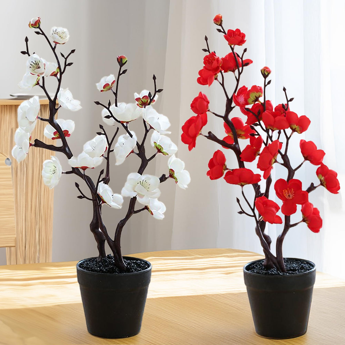 The Better Home Artificial Flowers for Decoration with Pot | Aesthetic Room Decor Items for Living Room, Bedroom | Fake Plants for Office, Reception | Plum Blossom Flowerpot | 34 CM Long | Pack of 2