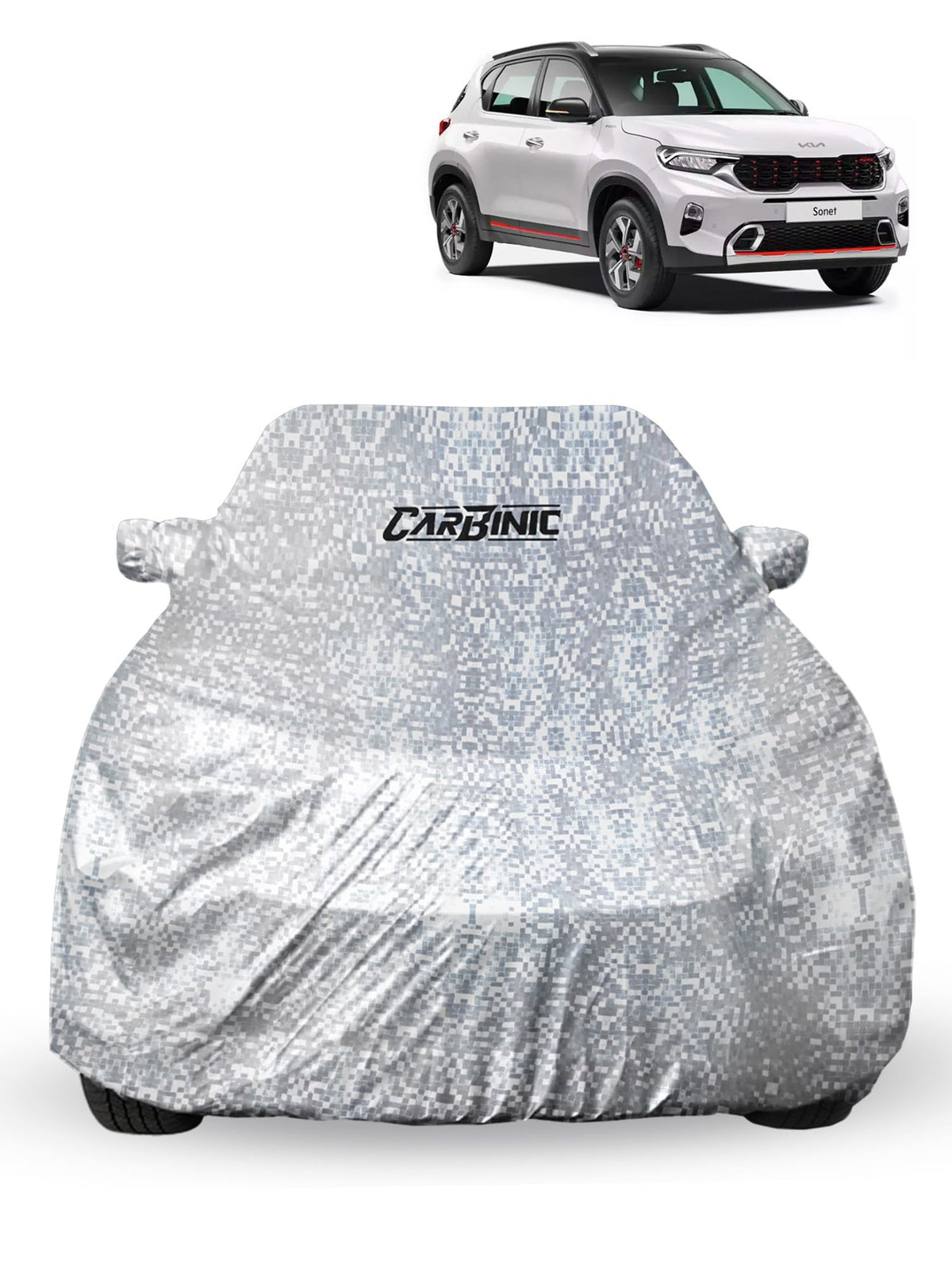 CARBINIC Waterproof Car Body Cover for KIA Sonet 2020 | Dustproof, UV Proof Car Cover | Car Accessories |Mirror Pockets & Antenna Triple Stitched | Double Layered Soft Cotton Lining