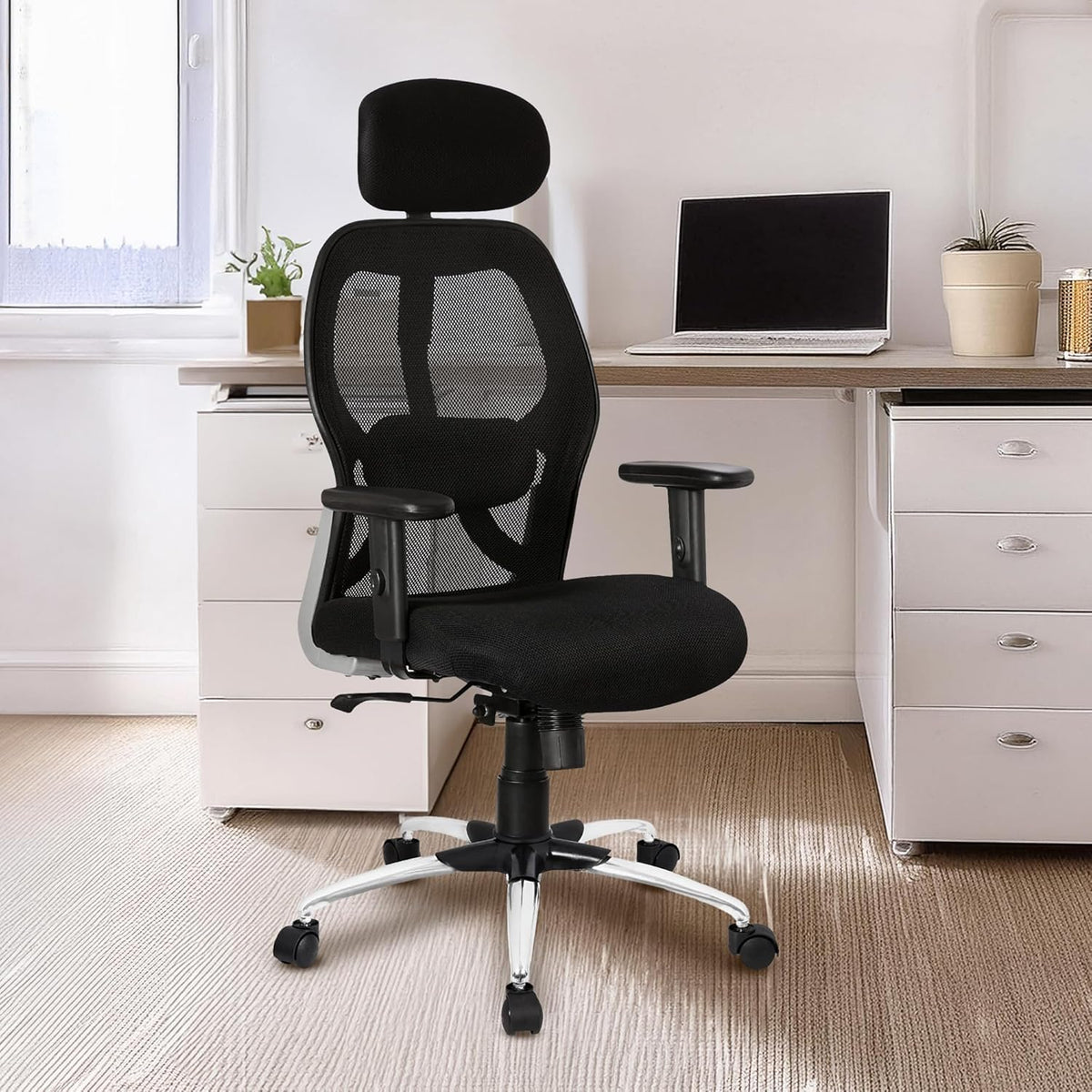 Kuber Industries Ergonomic Office Chairs for Work from Home with Meshback | Comes with Manual Height Adjustable Armrest, Headrest & Lumbar Support | Comfy Study Chair for Students with Wheels | Black