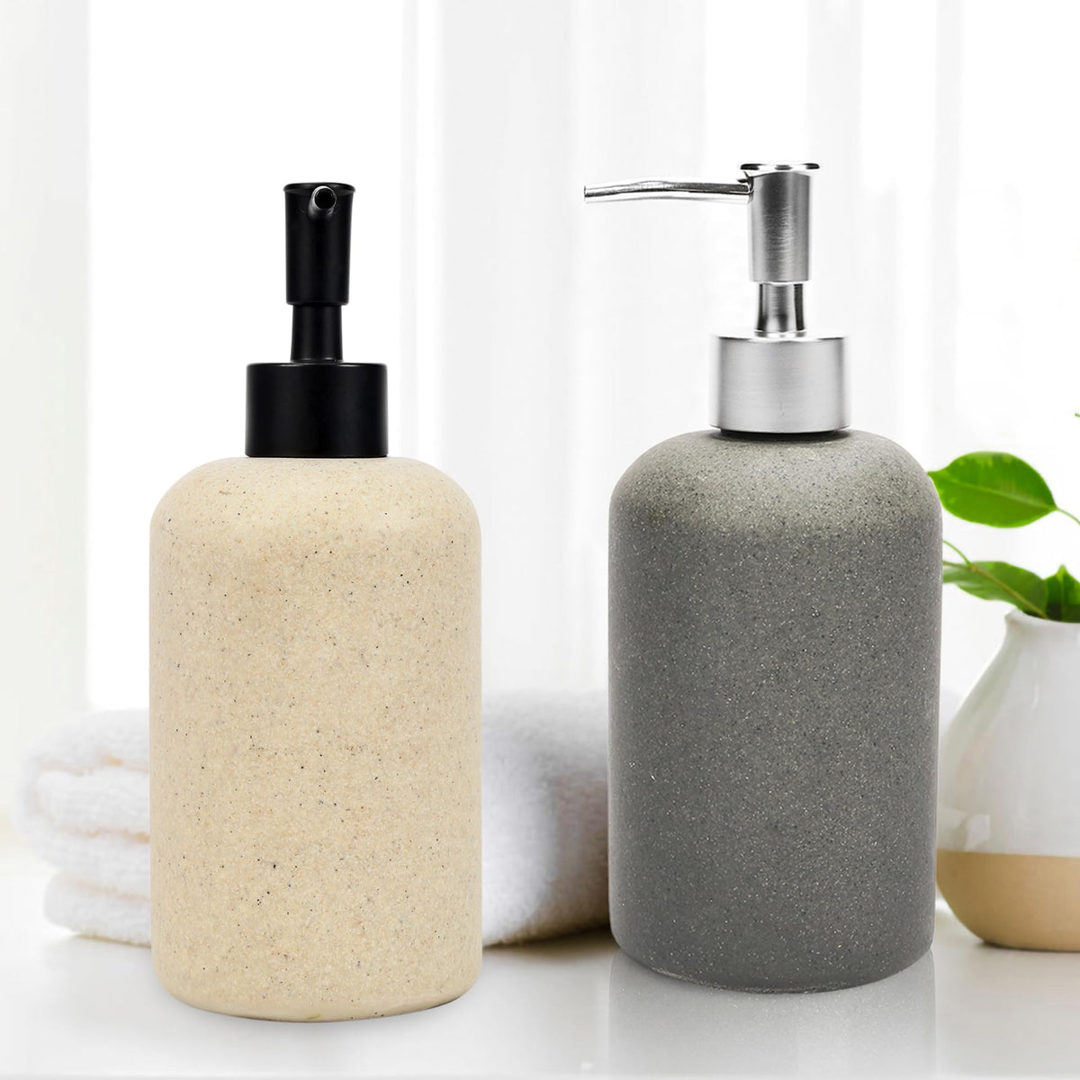 Anko Charcoal Polyresin Liquid Soap Dispenser (400 mL) & Beige Liquid Soap Dispenser (400 mL) Set for Bathroom | Rust-Proof, Leak-Proof, Easy to Clean | Bathroom Sanitizer, Lotion