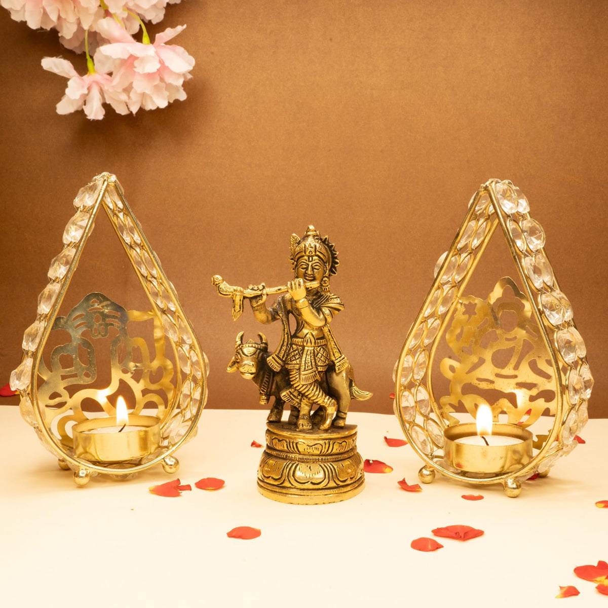 Ekhasa 100% Pure Brass Lord Krishna Idol with Flute & Tealight Candle Holder | Shree Krishna Statue for Home Decor | Kanha Ji ki Murti for Office Desk | Sri Krishna Idols Gift (Combo)