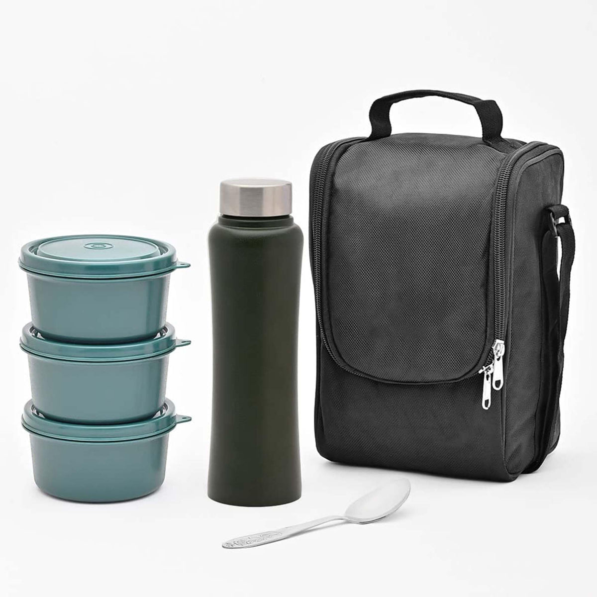 Kuber Industries Leakproof & BPA Free Compact Tiffin Bags with Bottle & 3 Spill-Proof Containers for Unisex | Stackable Steel Lunch Boxes for Office Men & Women | Dark Green