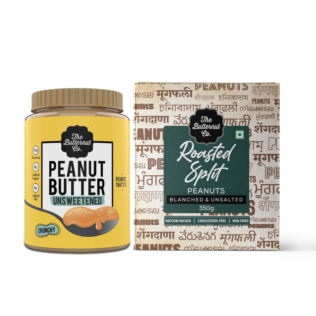 The Butternut Co. Unsweetened Peanut Butter Crunchy 1kg & Roasted Split Peanuts 350g - 1.35kg Combo Value Pack