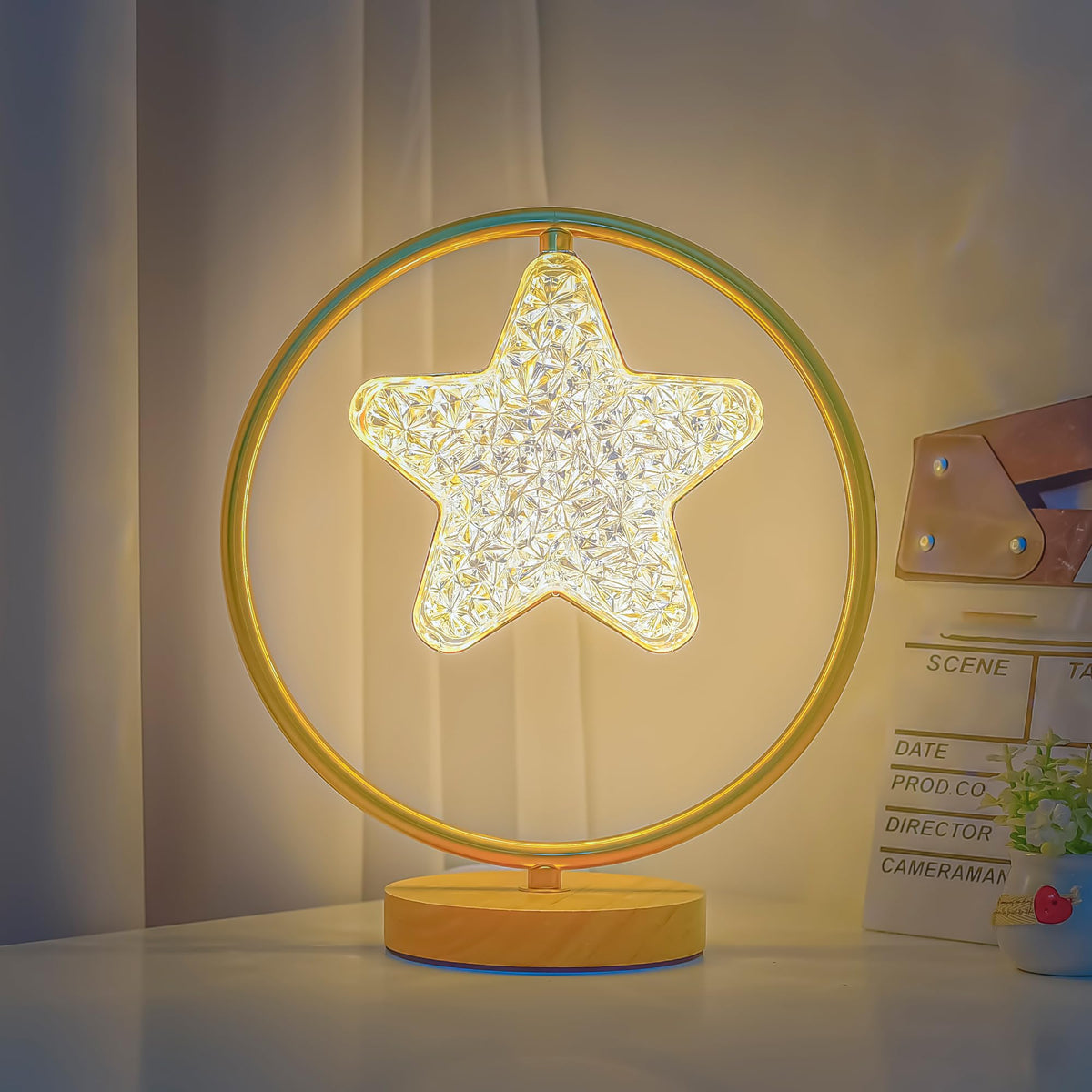 UMAI Dimmable Table Lamp for Bedroom | 29 Cm Height| Wood Base with Acrylic Shade | Table Lamp for Study | House Warming Gift for New Home| Home Decor Items for Living Room - Star Shaped