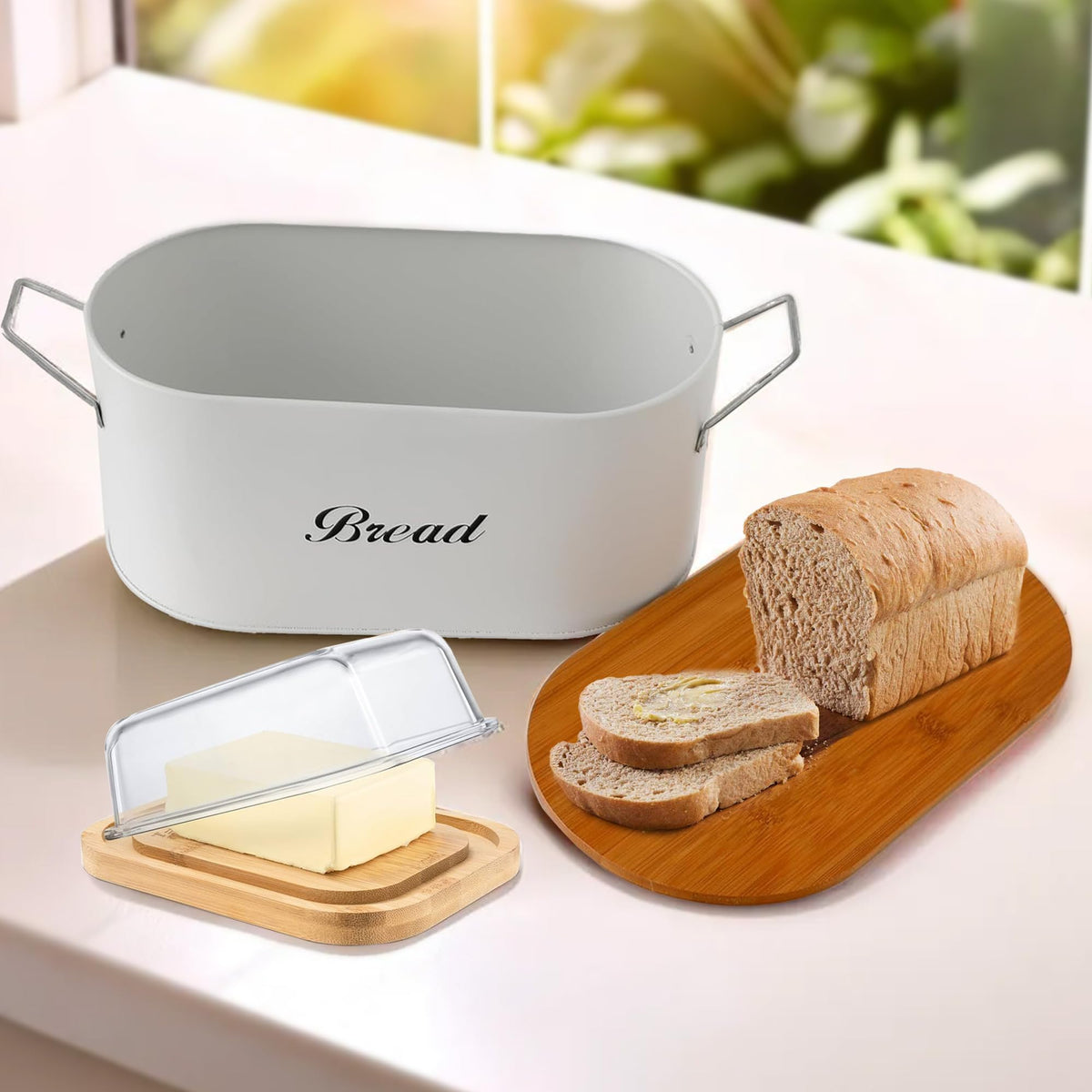 The Better Home Borosilicate Glass Butter Dish with Lid & Bread Box with Bamboo Cutting Board Lid-Combo Pack | Kitchen Accessories Combo (Oval White + Butter Dish)