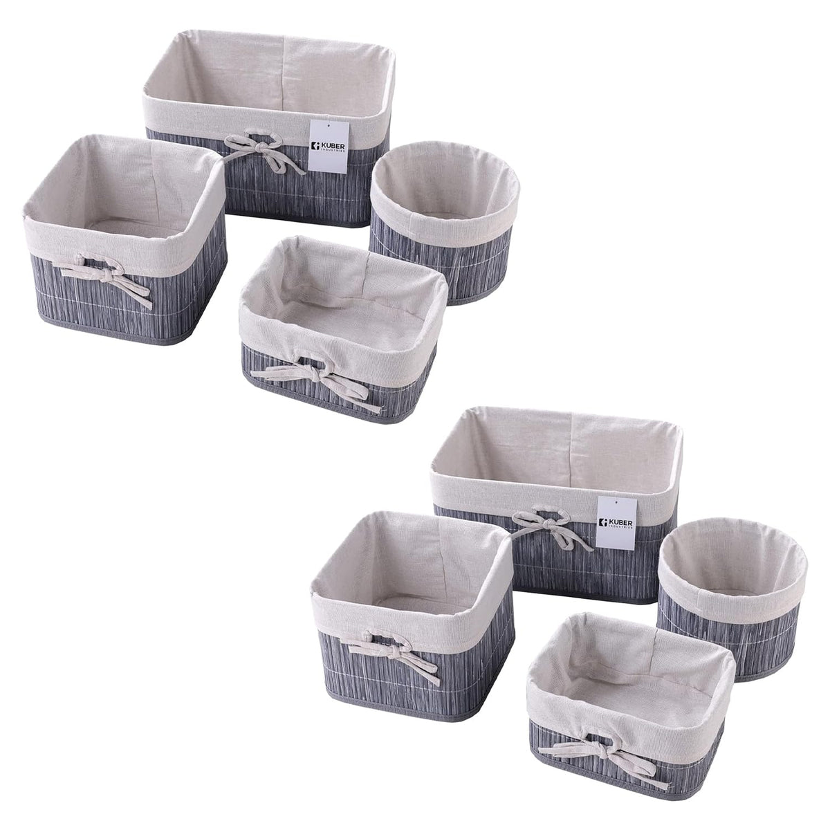 Kuber Industries Pack of 8 Bamboo Storage Basket With Liner|Fodable Storage Organizer|Box For Cloth, Toiletry, Bathroom|Capacity 12.9L, 6L, 3L, 3.3L|GREY|