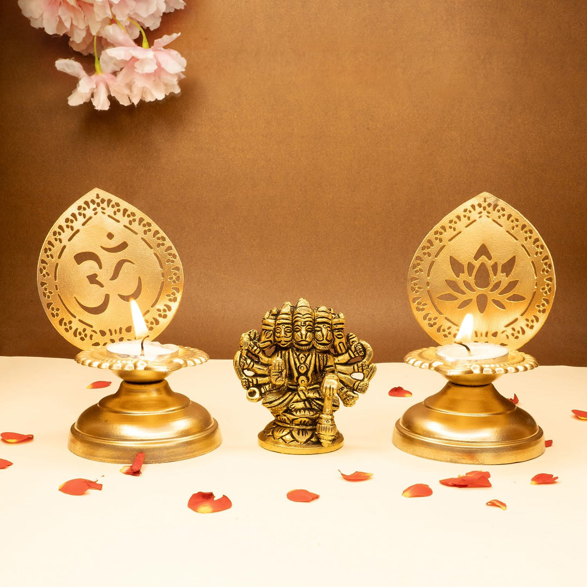 Ekhasa 100% Pure Brass Panchmukhi Hanuman & Tealight Candle Holder (8.4 cm) | 5 Face Hanuman Murti for Door Entrance | Panch Mukhi Hanuman Ji for Car Dashboard | Vastu Protection from Evil Eye (Combo)