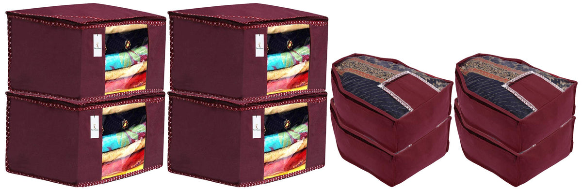 Kuber Industries Non Woven 4 Pieces Saree Cover/Cloth Wardrobe Organizer and 4 Pieces Blouse Cover Combo Set (Maroon)- CTKTC045343